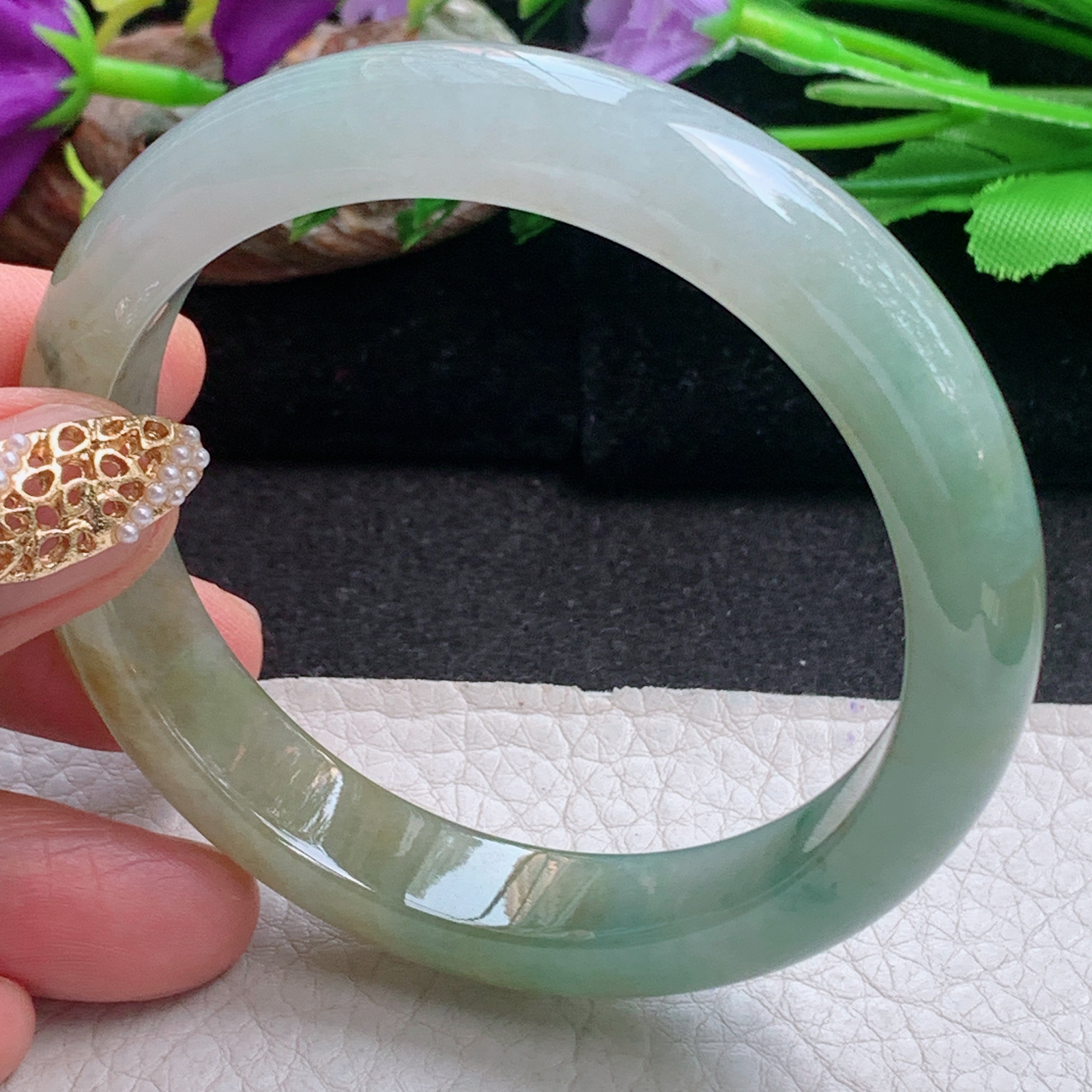 h三彩款57.5*12*8平安镯 天然缅甸翡翠a货手镯冰三彩正圈玉镯子