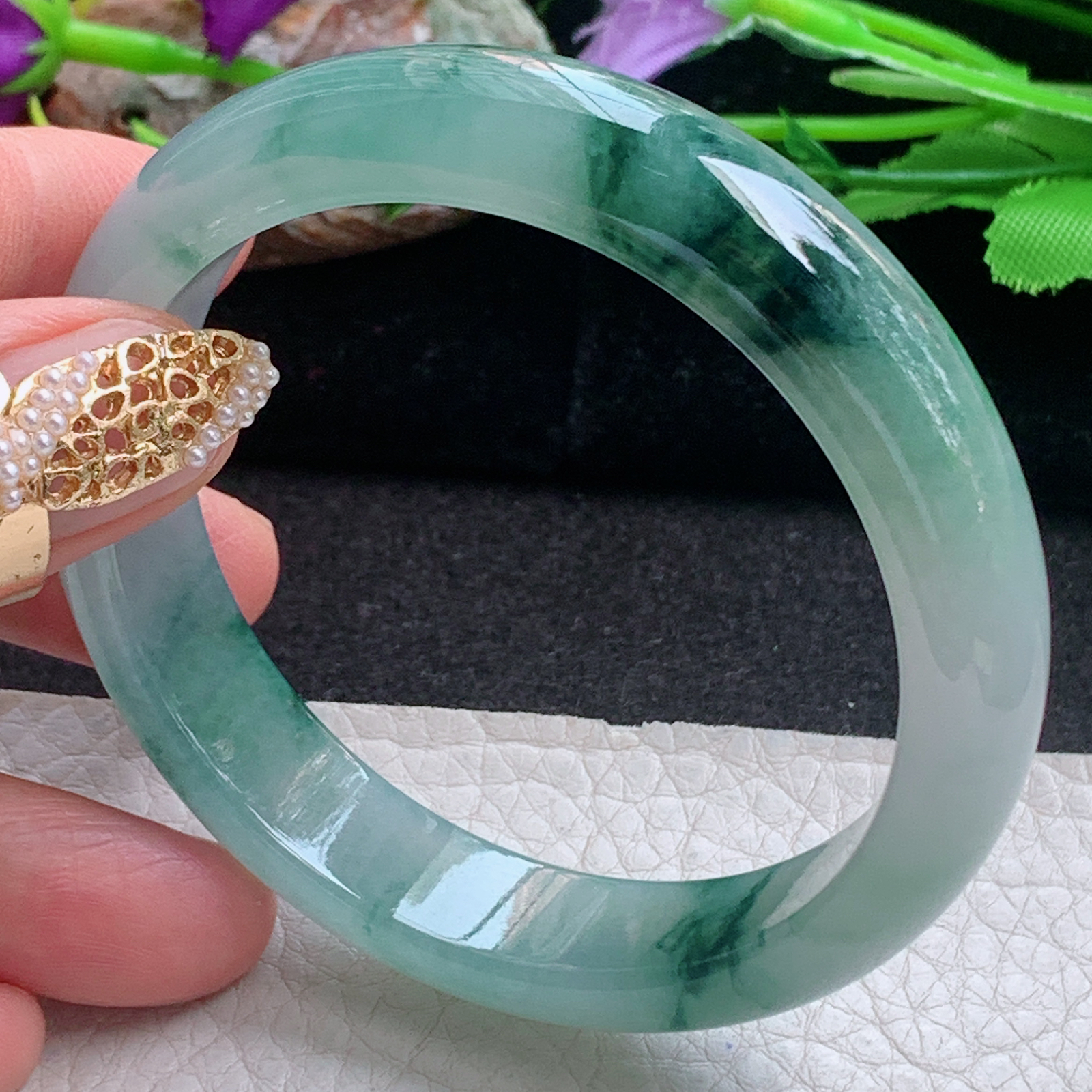 js飘逸款56*12.8*7.7平安镯 天然缅甸翡翠a货手镯冰飘花正圈玉镯子