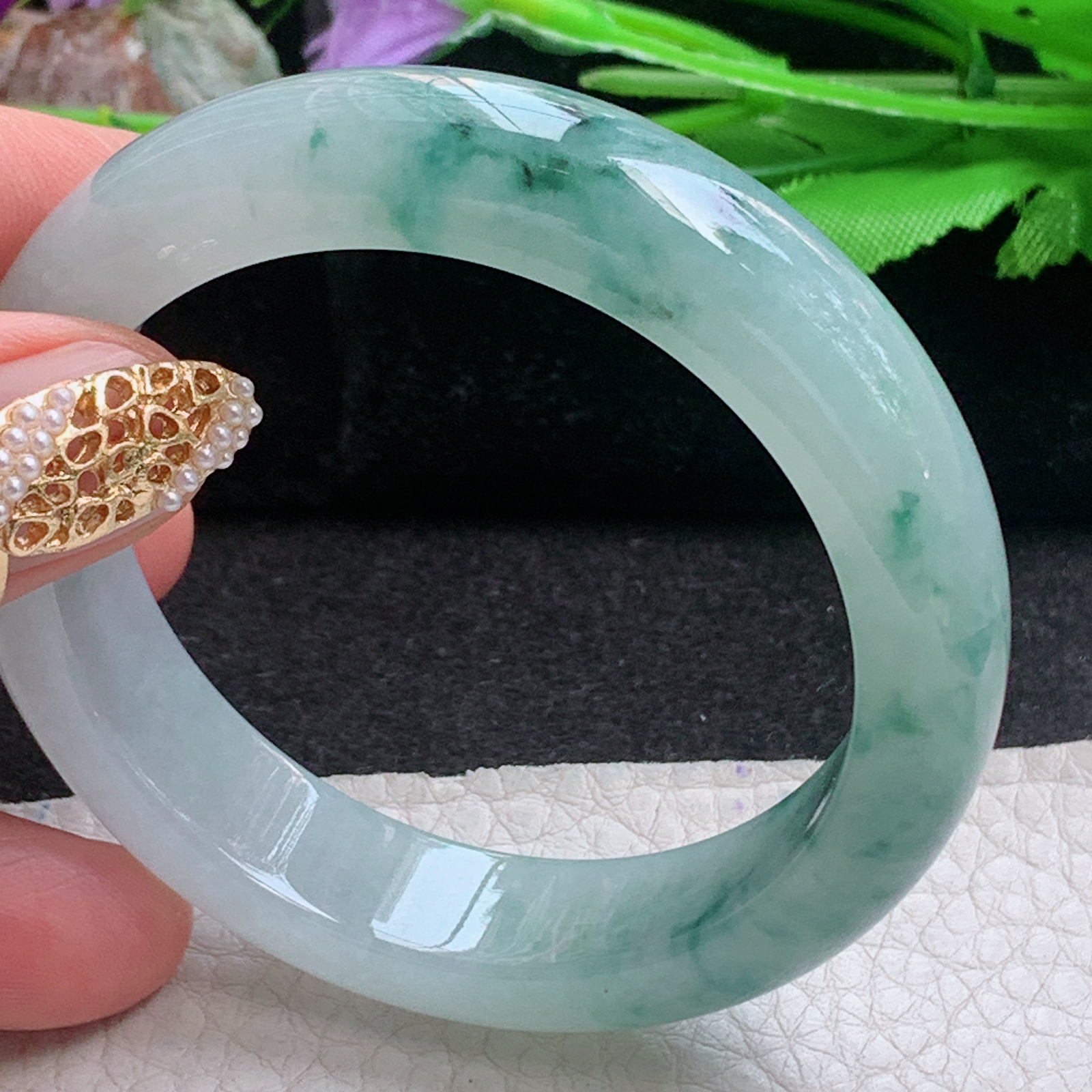 r小圈口51.5*12.8*8.2平安镯 天然缅甸翡翠a货手镯冰飘花秀气正圈玉镯子