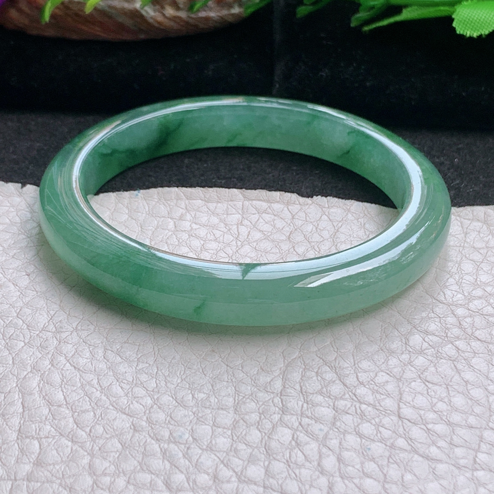 js小圈口52.8*9*8平安镯 天然缅甸翡翠a货手镯冰油飘花秀气正圈玉镯子