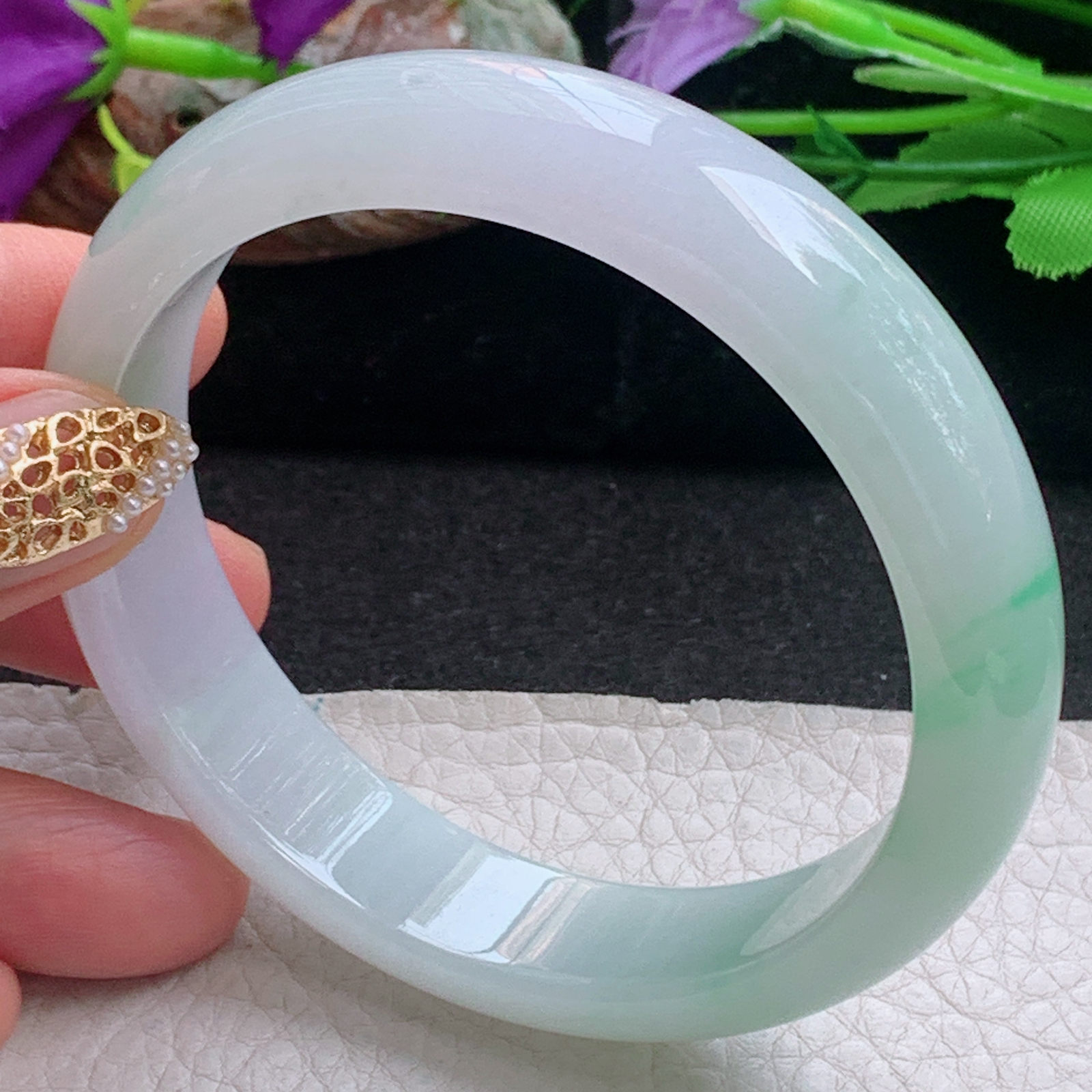 js大圈口61*14.3*7.8平安镯 天然缅甸翡翠a货手镯冰飘金丝阳阳正圈玉镯子