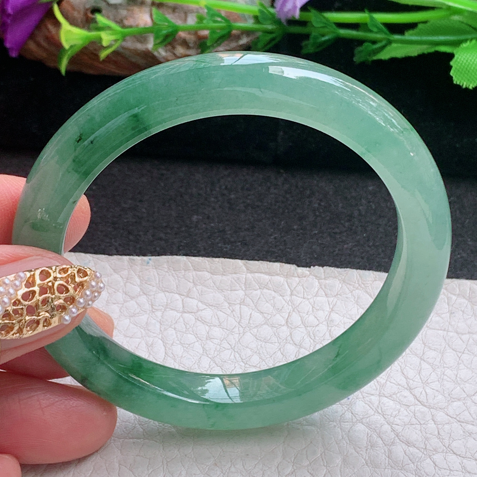 js小圈口52.8*9*8平安镯 天然缅甸翡翠a货手镯冰油飘花秀气正圈玉镯子