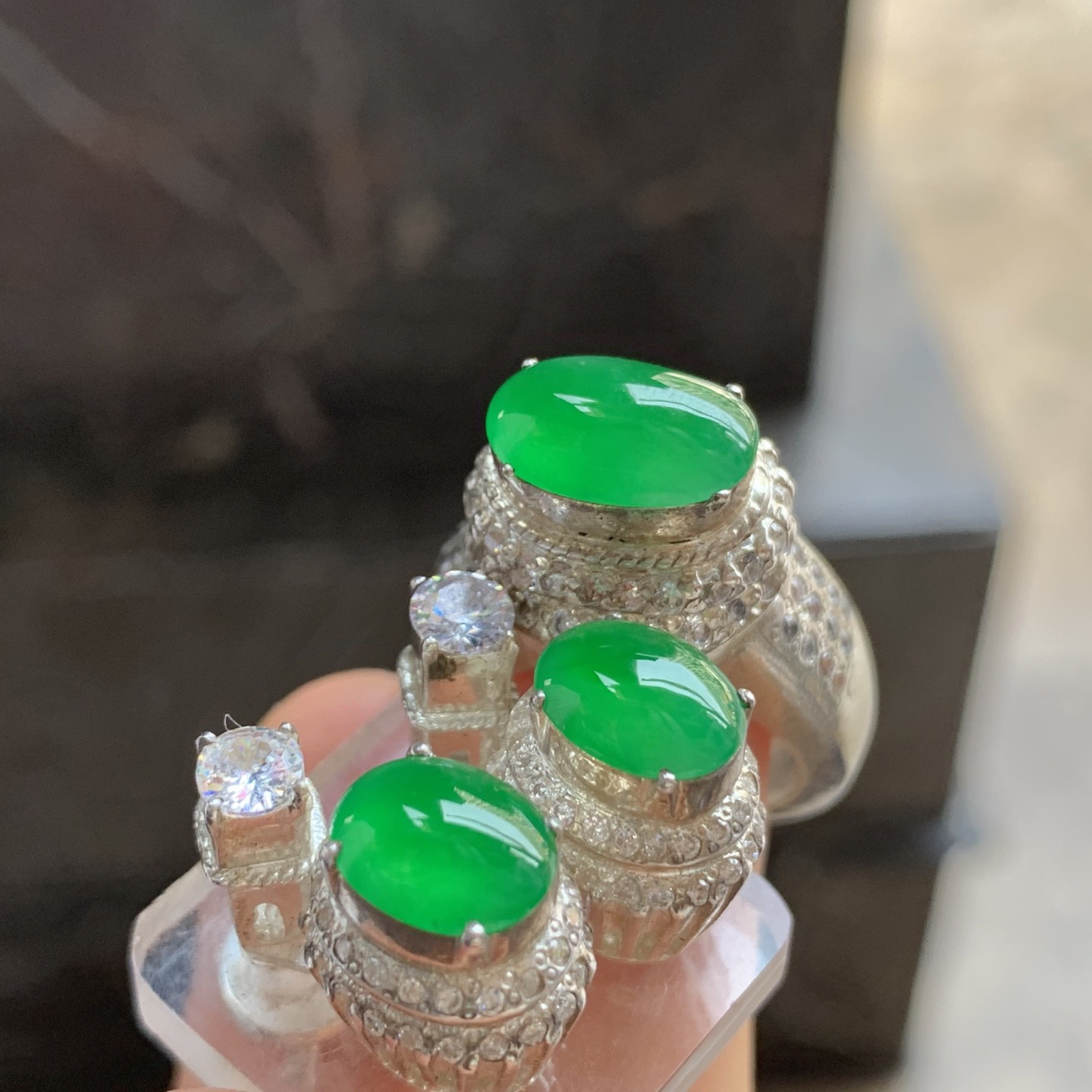 冰种满色戒面套装 颜色漂亮 水润 铜托