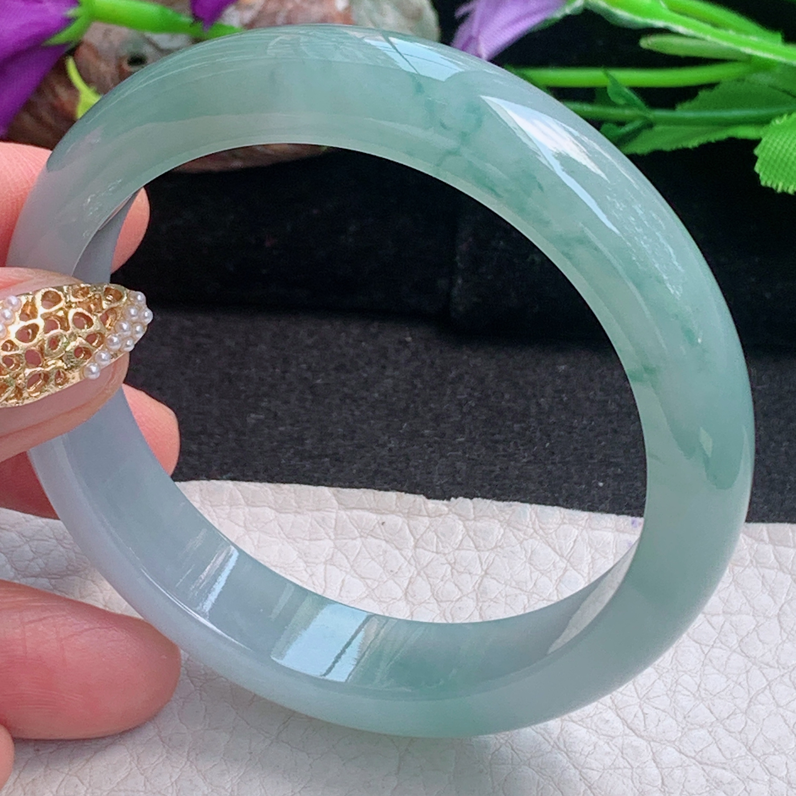 h飘逸款56.5*13*7.8平安镯 天然缅甸翡翠a货手镯冰飘花正圈玉镯子