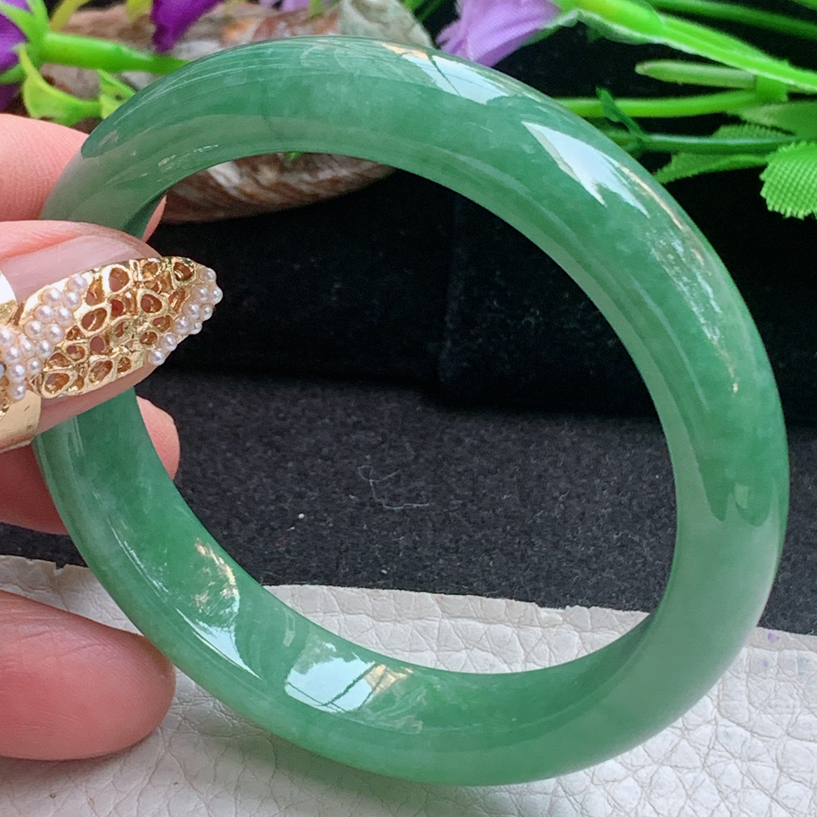 n实拍55*12*7.7平安镯 天然缅甸翡翠a货手镯满绿水润正圈玉镯子
