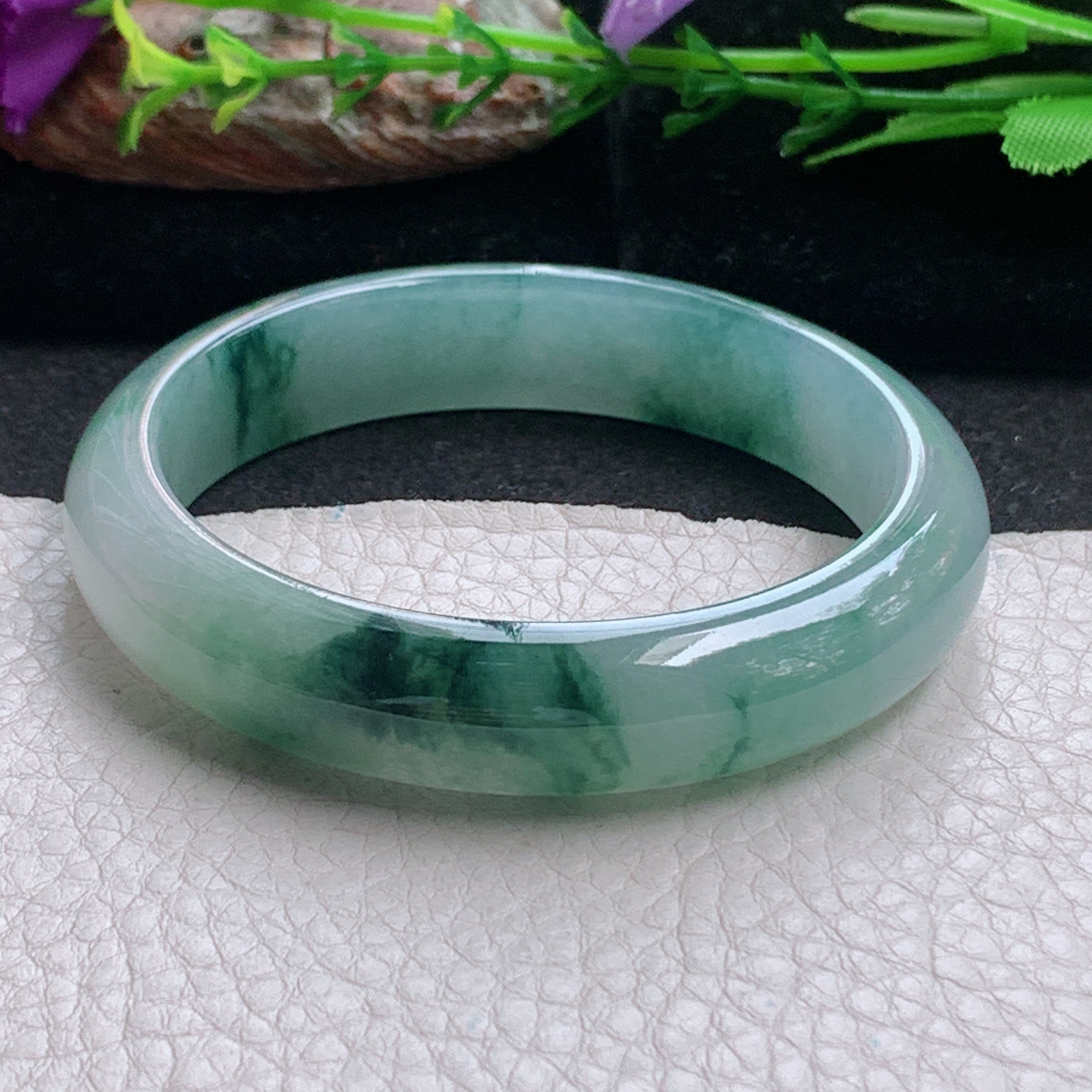 js飘逸款56*12.8*7.7平安镯 天然缅甸翡翠a货手镯冰飘花正圈玉镯子