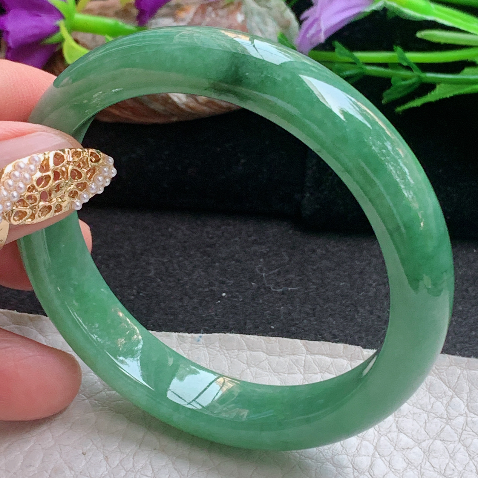 n实拍55*12*7.7平安镯 天然缅甸翡翠a货手镯满绿水润正圈玉镯子