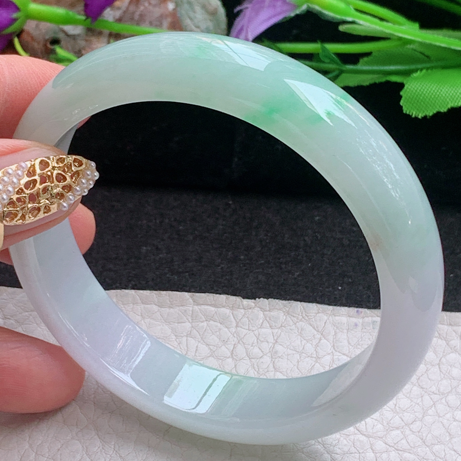 js大圈口61*14.3*7.8平安镯 天然缅甸翡翠a货手镯冰飘金丝阳阳正圈玉镯子