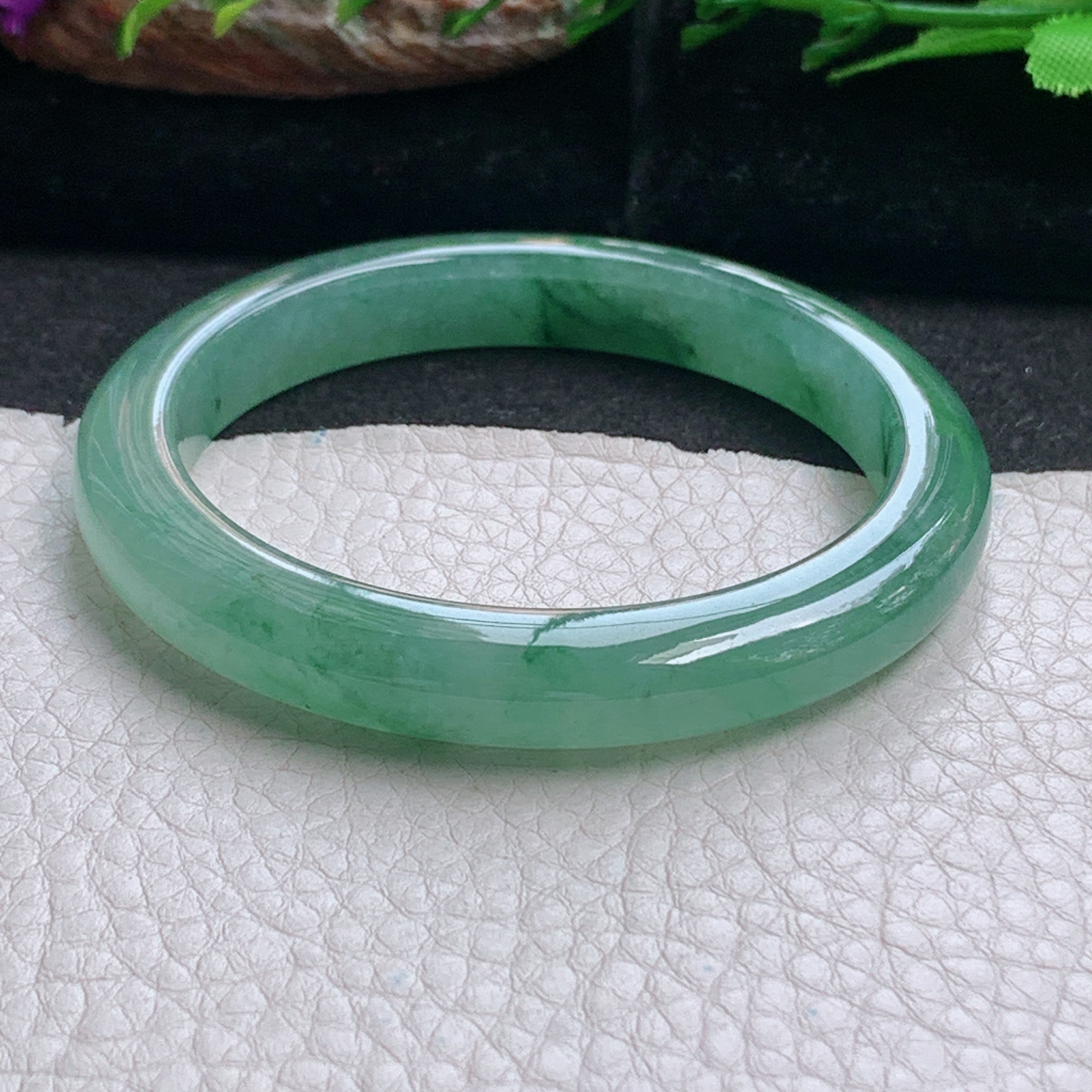 js小圈口52.8*9*8平安镯 天然缅甸翡翠a货手镯冰油飘花秀气正圈玉镯子