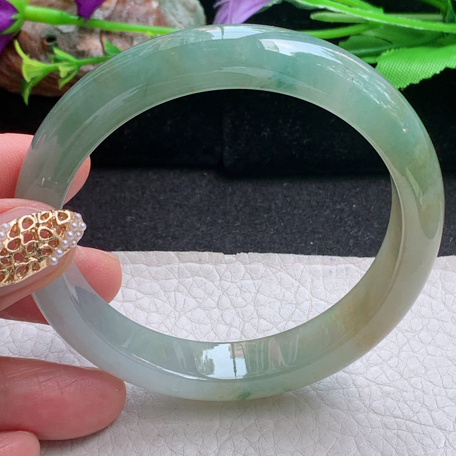 h三彩款57.5*12*8平安镯 天然缅甸翡翠a货手镯冰三彩正圈玉镯子