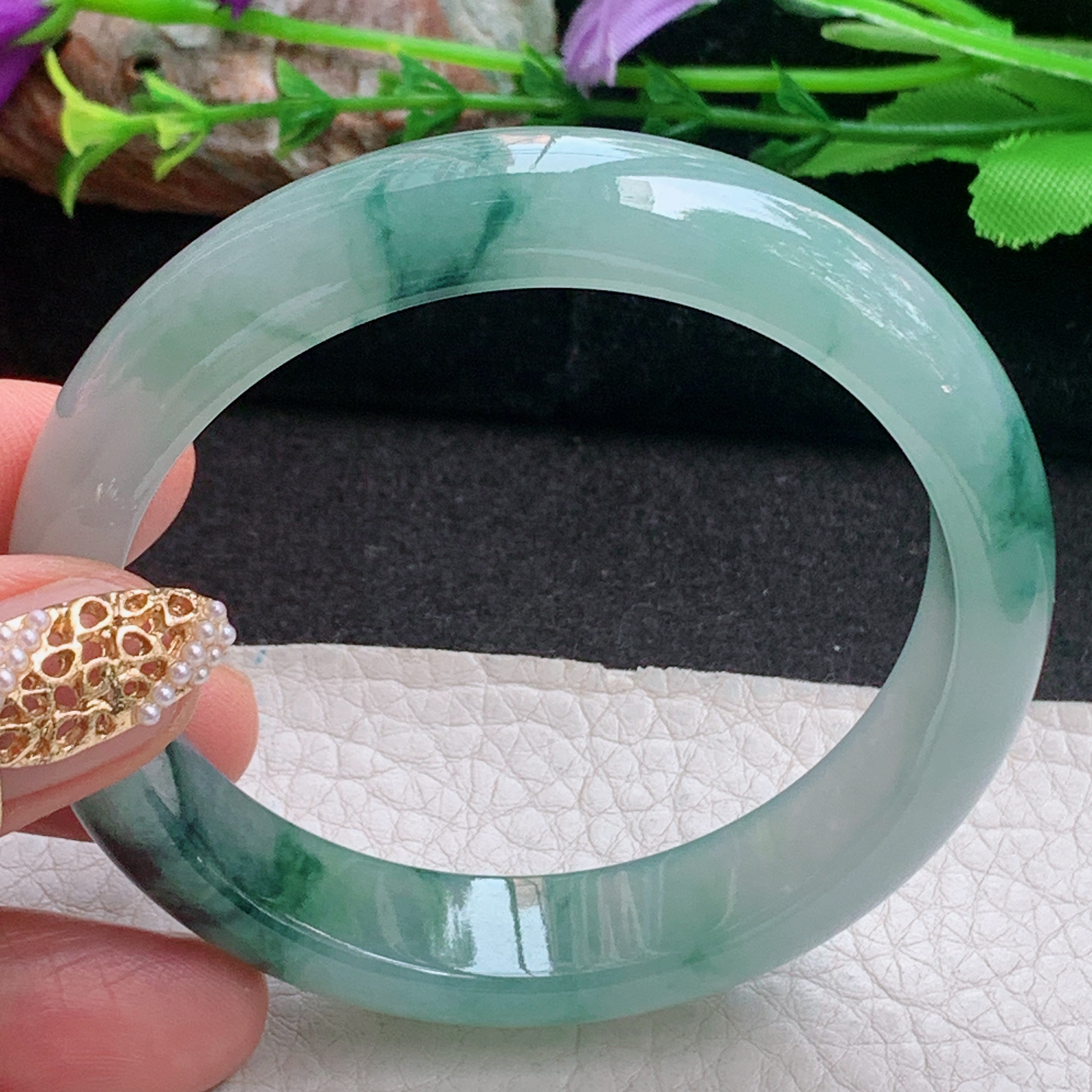 js飘逸款56*12.8*7.7平安镯 天然缅甸翡翠a货手镯冰飘花正圈玉镯子