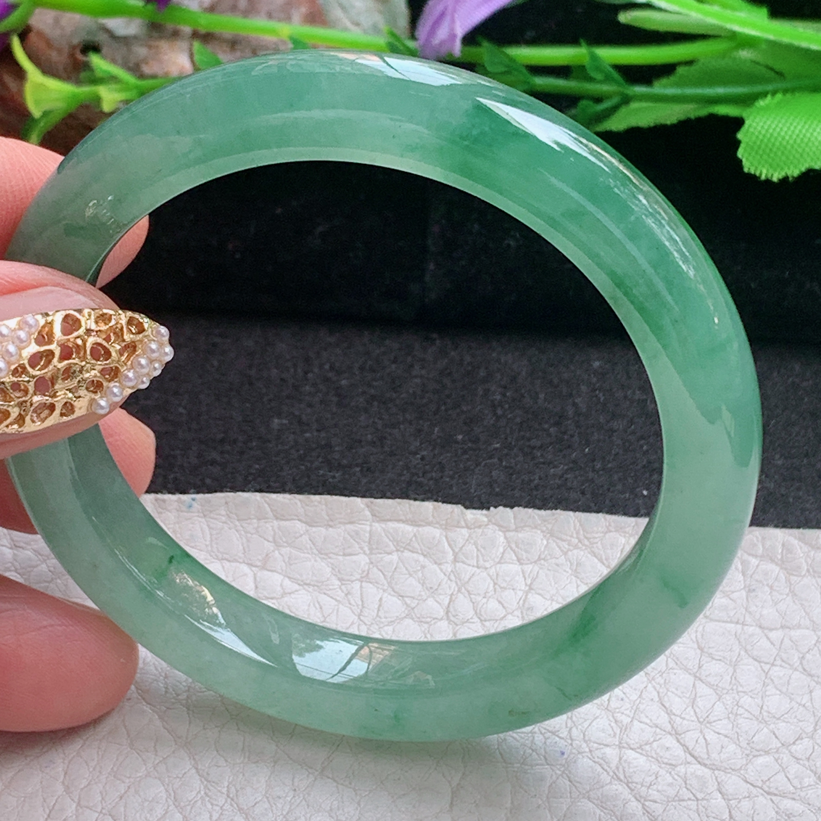 js小圈口52.8*9*8平安镯 天然缅甸翡翠a货手镯冰油飘花秀气正圈玉镯子