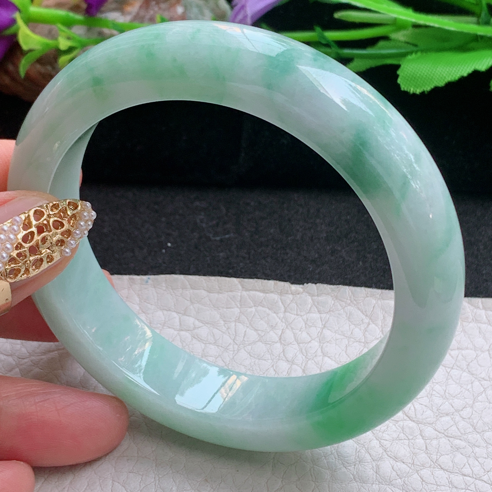 xc实拍57.5*14.2*9.5平安镯 天然缅甸翡翠a货手镯飘绿厚装正圈玉镯子