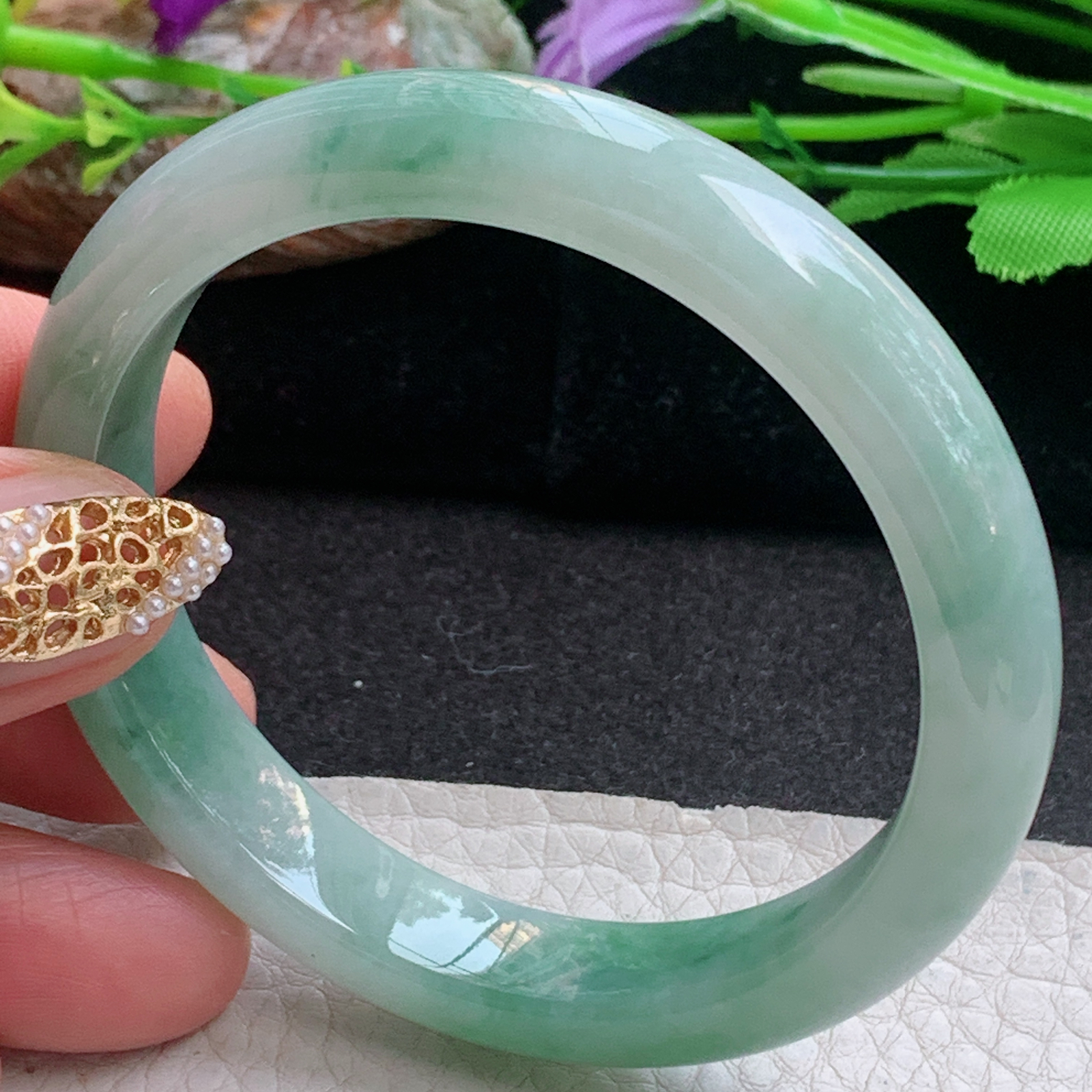 n实拍55*11*7.6平安镯 天然缅甸翡翠a货手镯飘花清秀正圈玉镯子