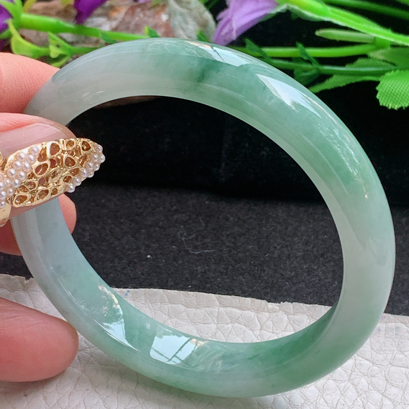 n实拍55*11*7.6平安镯 天然缅甸翡翠a货手镯飘花清秀正圈玉镯子