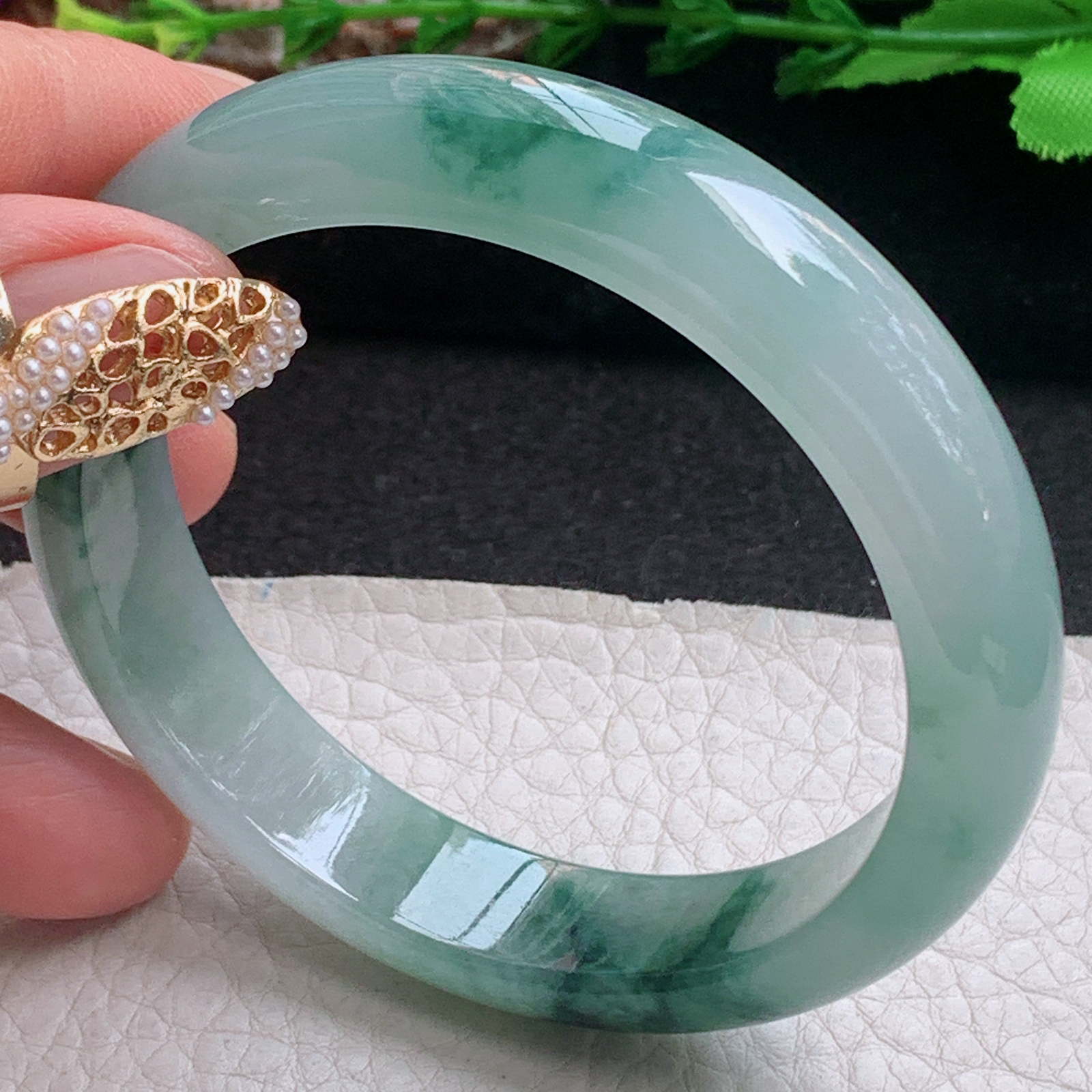 js飘逸款56*12.8*7.7平安镯 天然缅甸翡翠a货手镯冰飘花正圈玉镯子