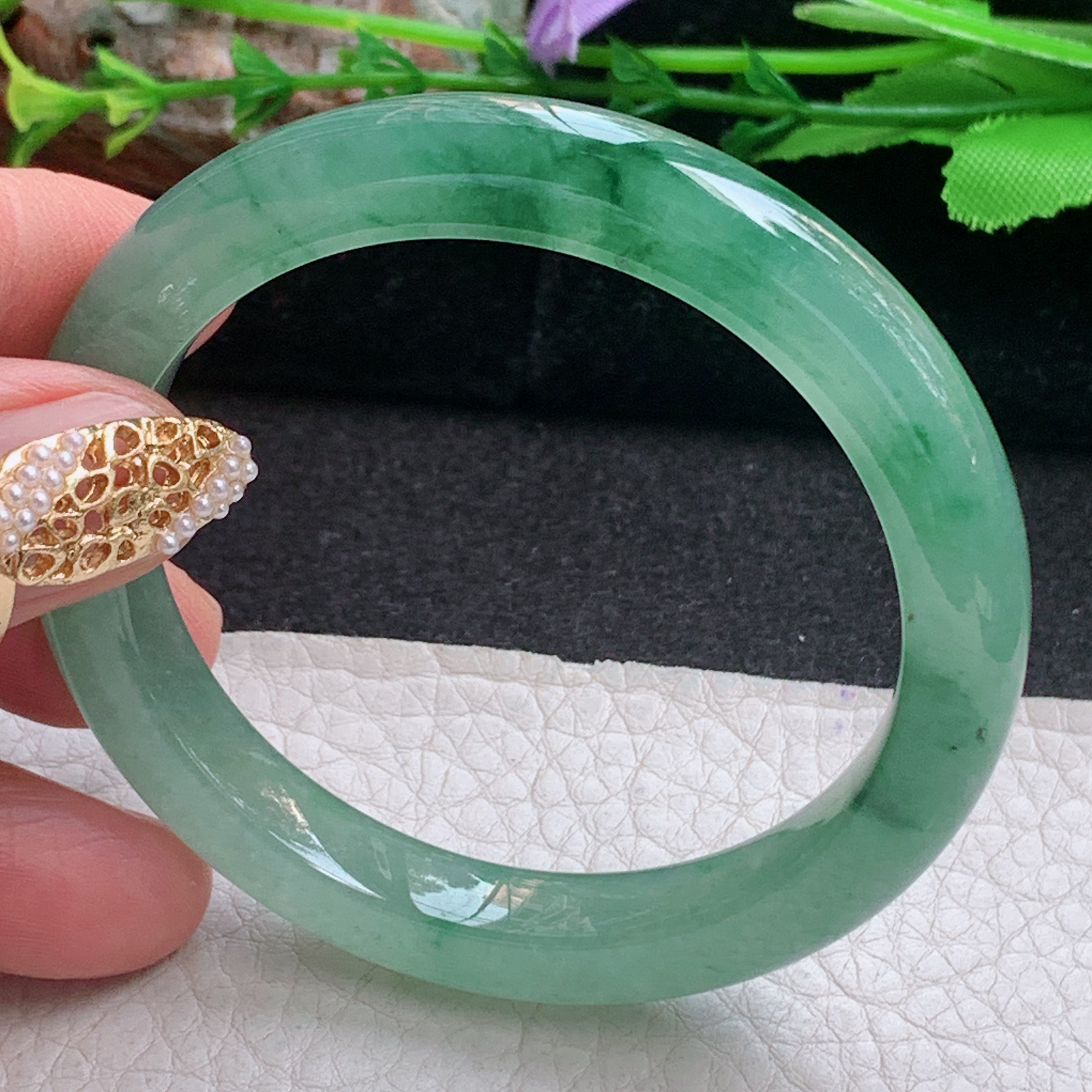 js小圈口52.8*9*8平安镯 天然缅甸翡翠a货手镯冰油飘花秀气正圈玉镯子