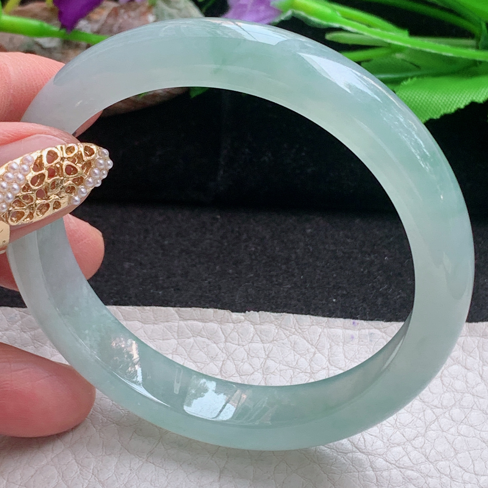 js实拍58.8*11.8*8平安镯 天然缅甸翡翠a货手镯冰纯晴绿正圈玉镯子