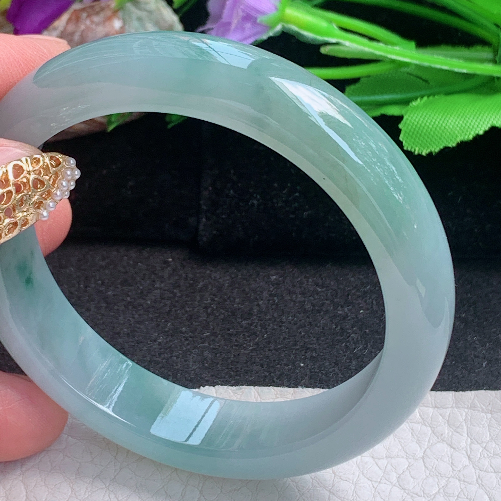 h飘逸款56.5*13*7.8平安镯 天然缅甸翡翠a货手镯冰飘花正圈玉镯子