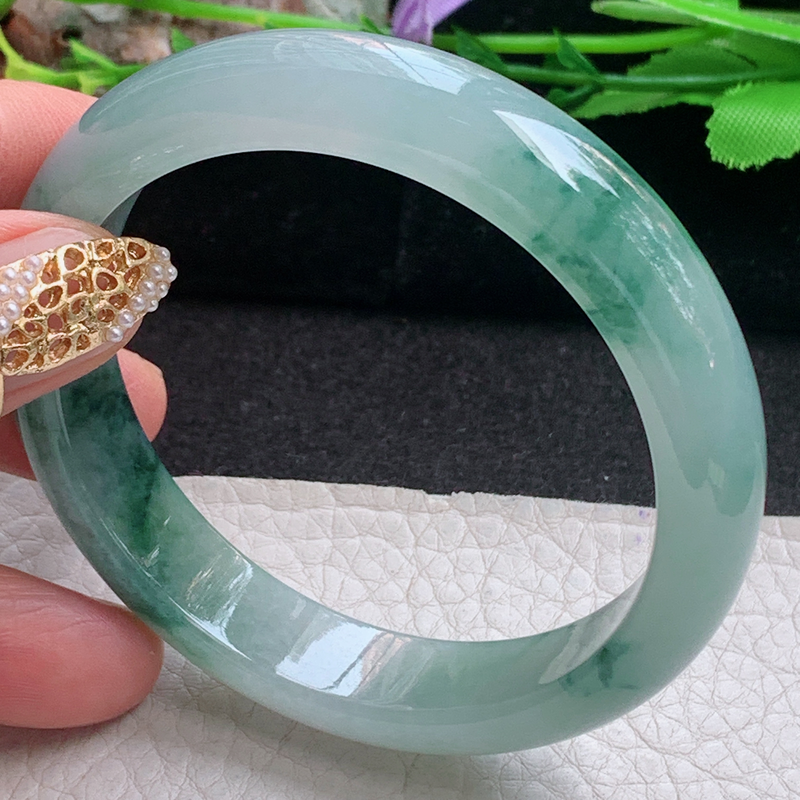 js飘逸款56*12.8*7.7平安镯 天然缅甸翡翠a货手镯冰飘花正圈玉镯子