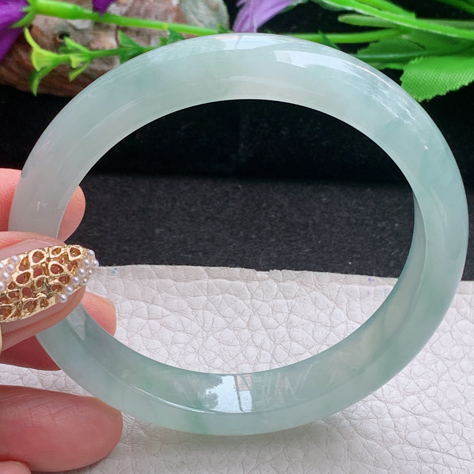 js实拍58.8*11.8*8平安镯 天然缅甸翡翠a货手镯冰纯晴绿正圈玉镯子