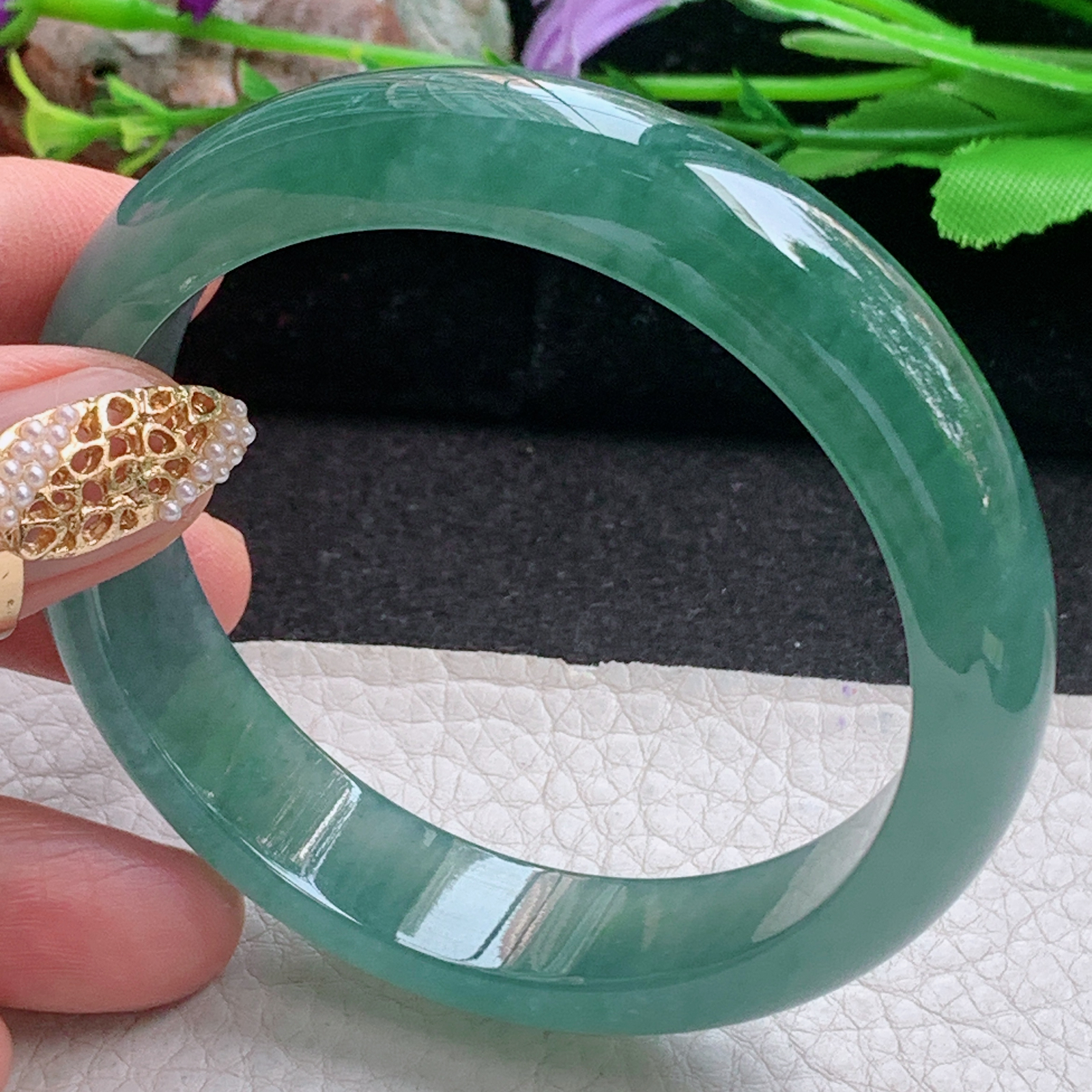 js实拍58*13.6*7.8平安镯 天然缅甸翡翠a货手镯冰油绿正圈玉镯子