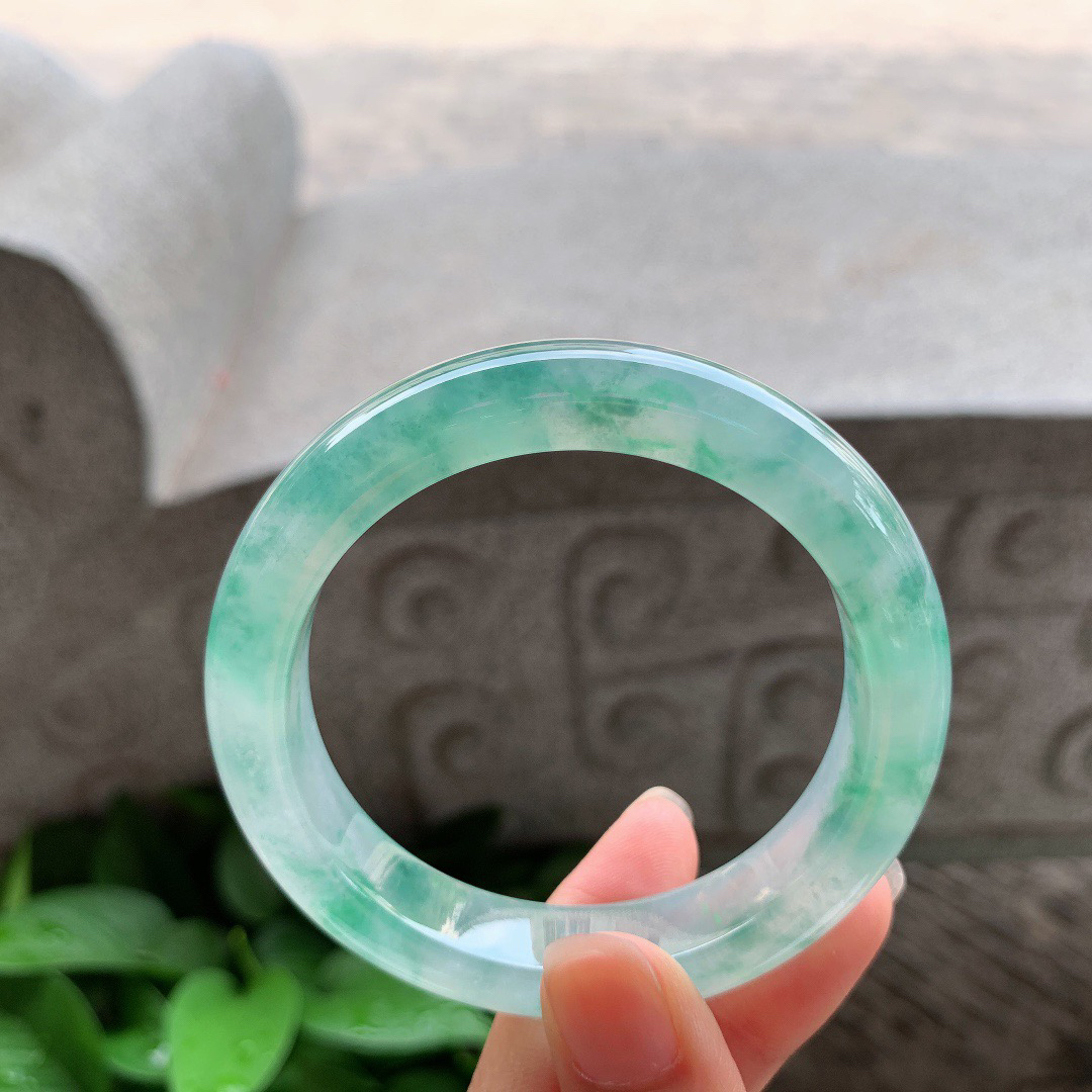 圈口 54-11.9-8.7高冰飘绿花正圈手镯】正圈54 55可戴