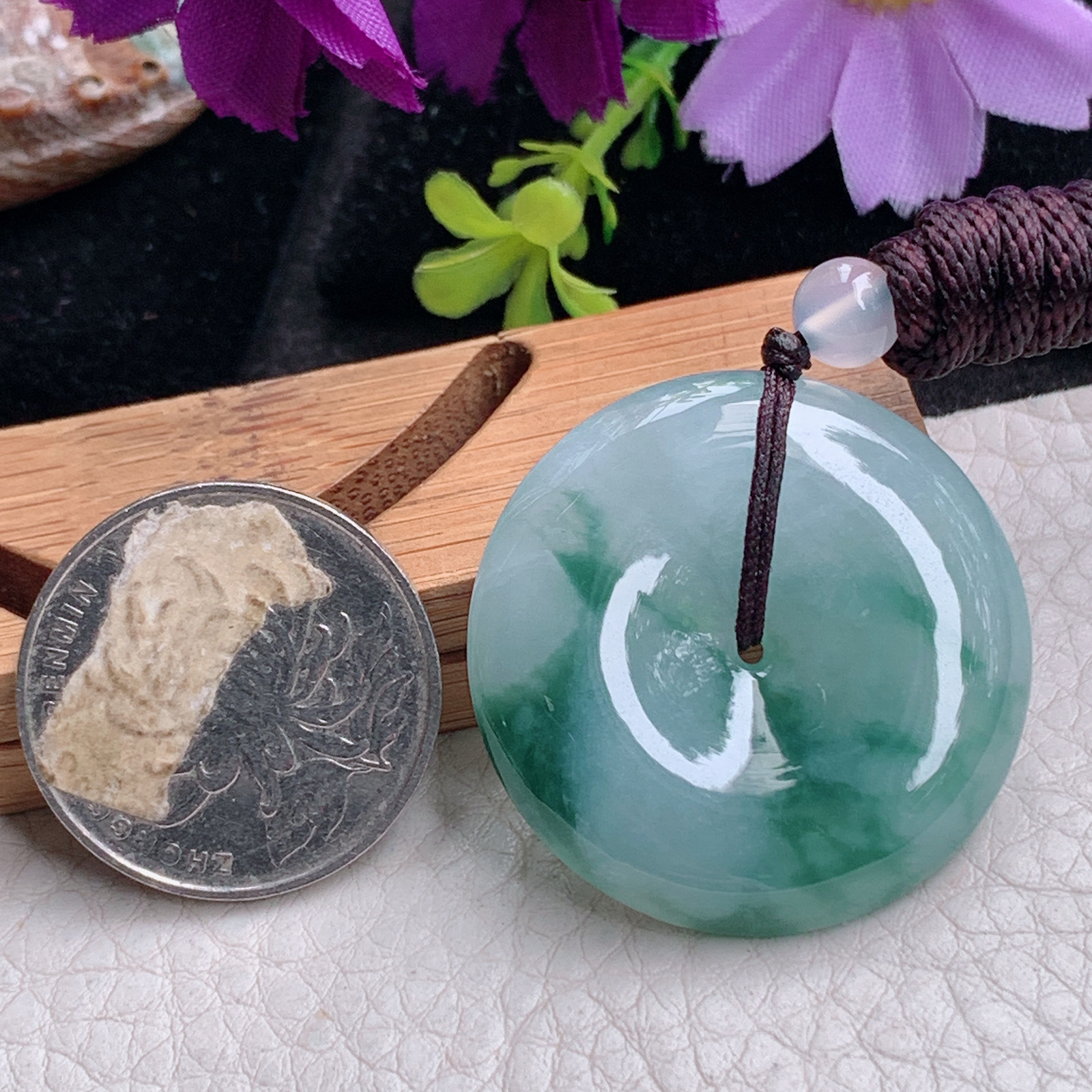 zz3实拍32.8*6.2天然缅甸翡翠飘绿花平安扣吊坠国风水墨画玉扣项坠