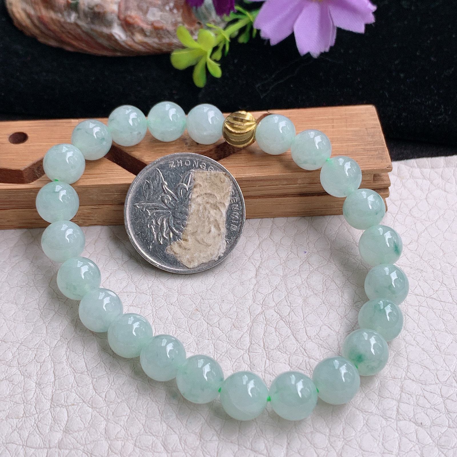 zz3实拍8.3圆珠手链 天然缅甸翡翠飘花玉珠串女款珠链手饰