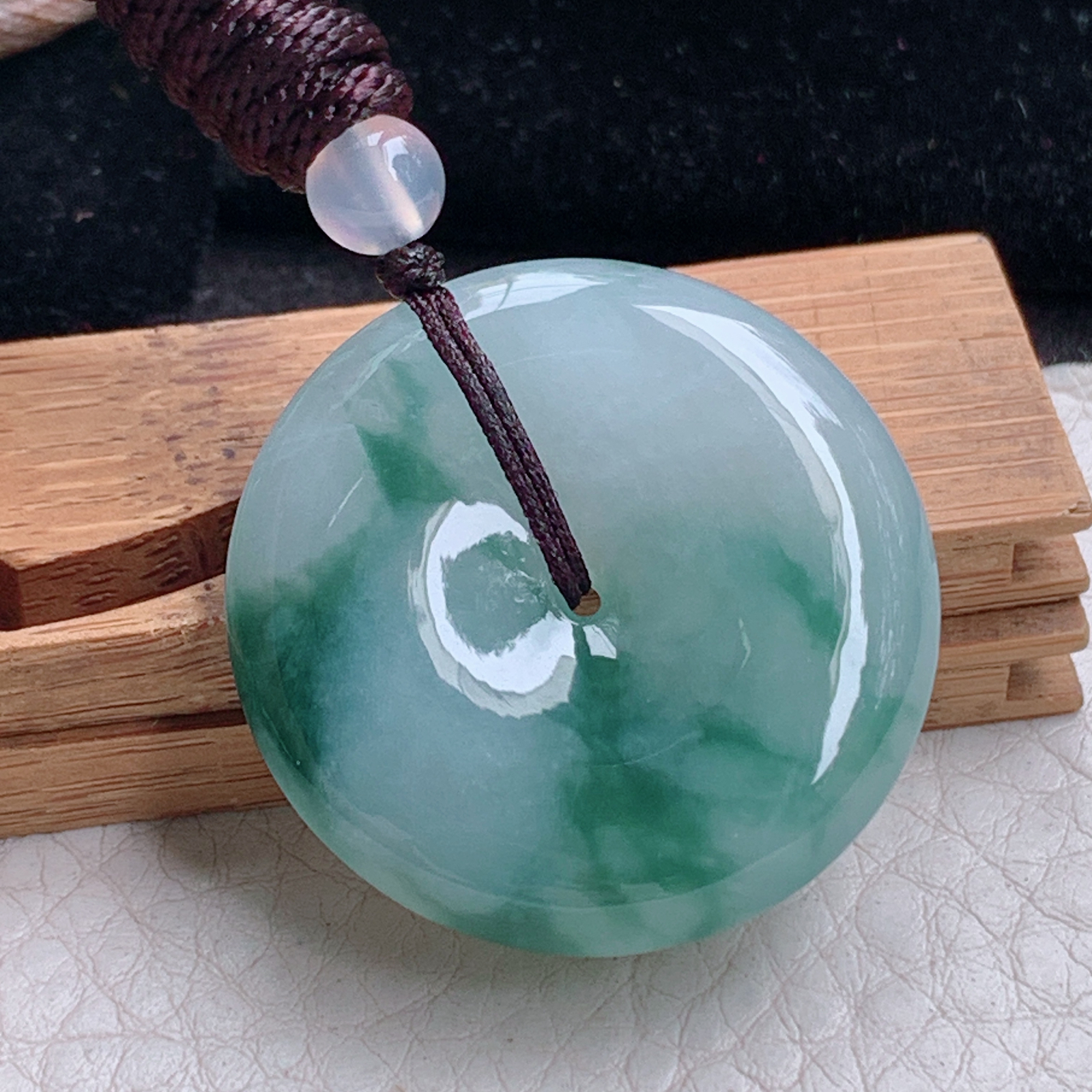 zz3实拍32.8*6.2天然缅甸翡翠飘绿花平安扣吊坠国风水墨画玉扣项坠