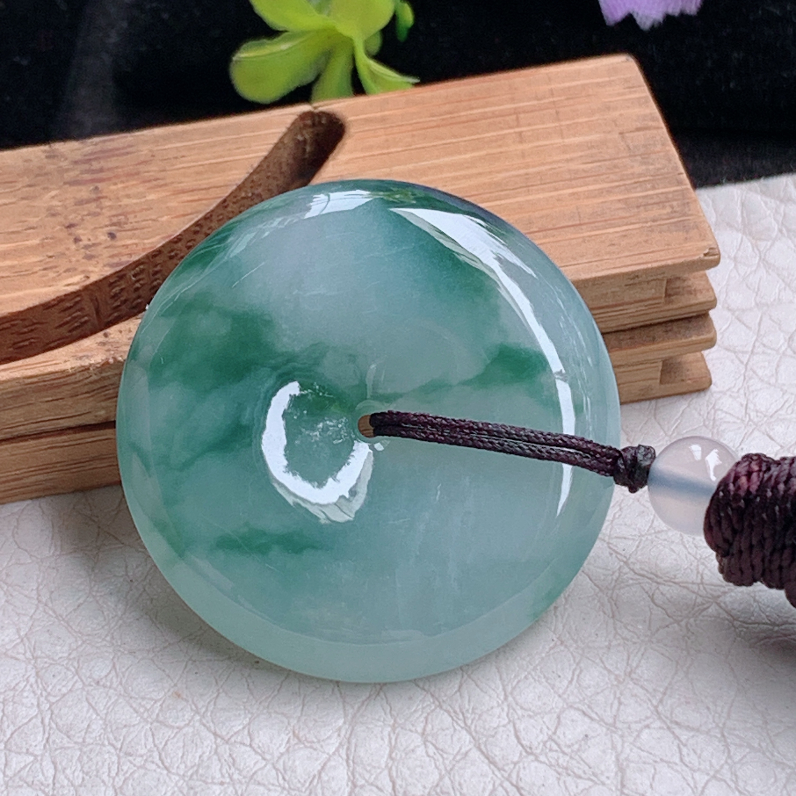 zz3实拍32.8*6.2天然缅甸翡翠飘绿花平安扣吊坠国风水墨画玉扣项坠