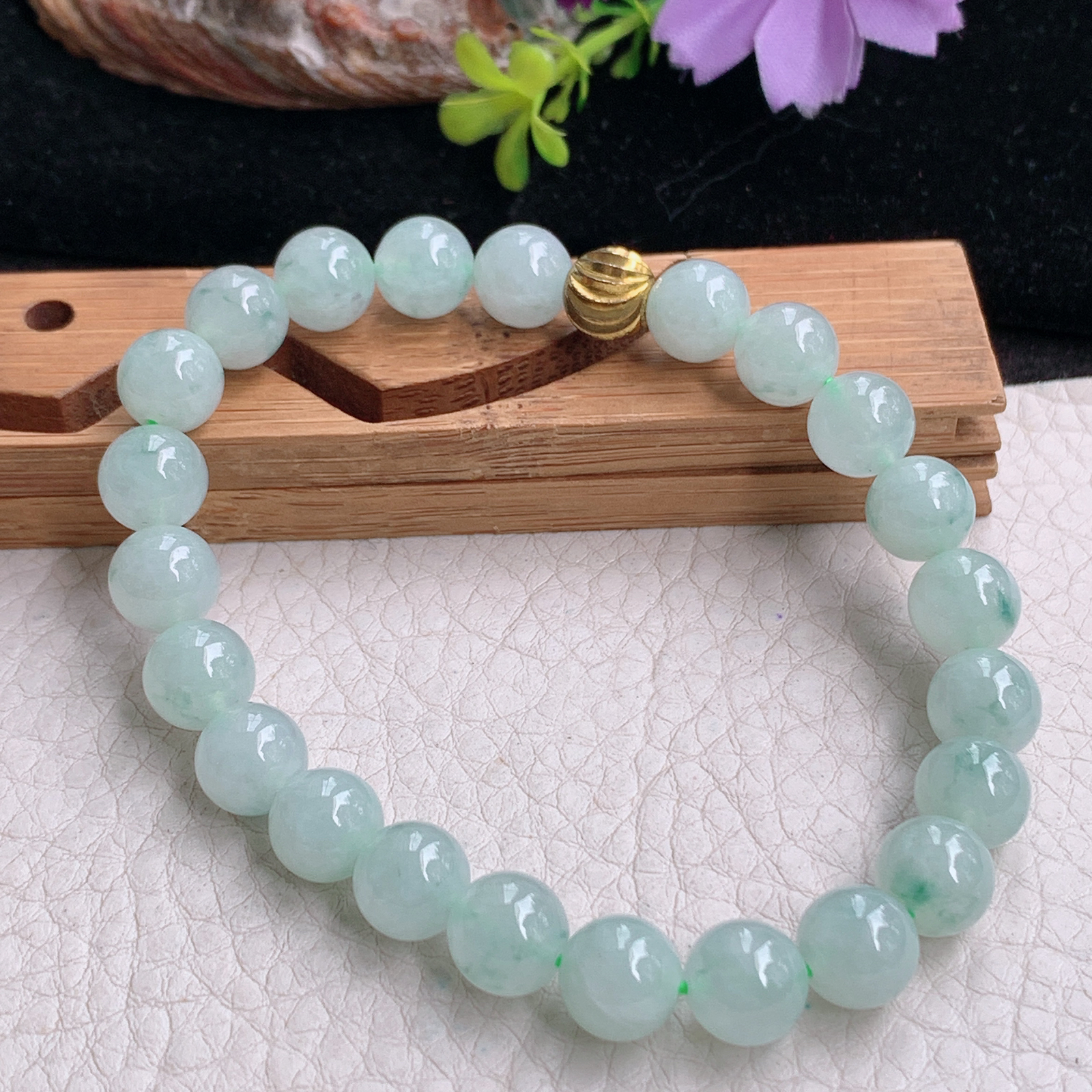 zz3实拍8.3圆珠手链 天然缅甸翡翠飘花玉珠串女款珠链手饰