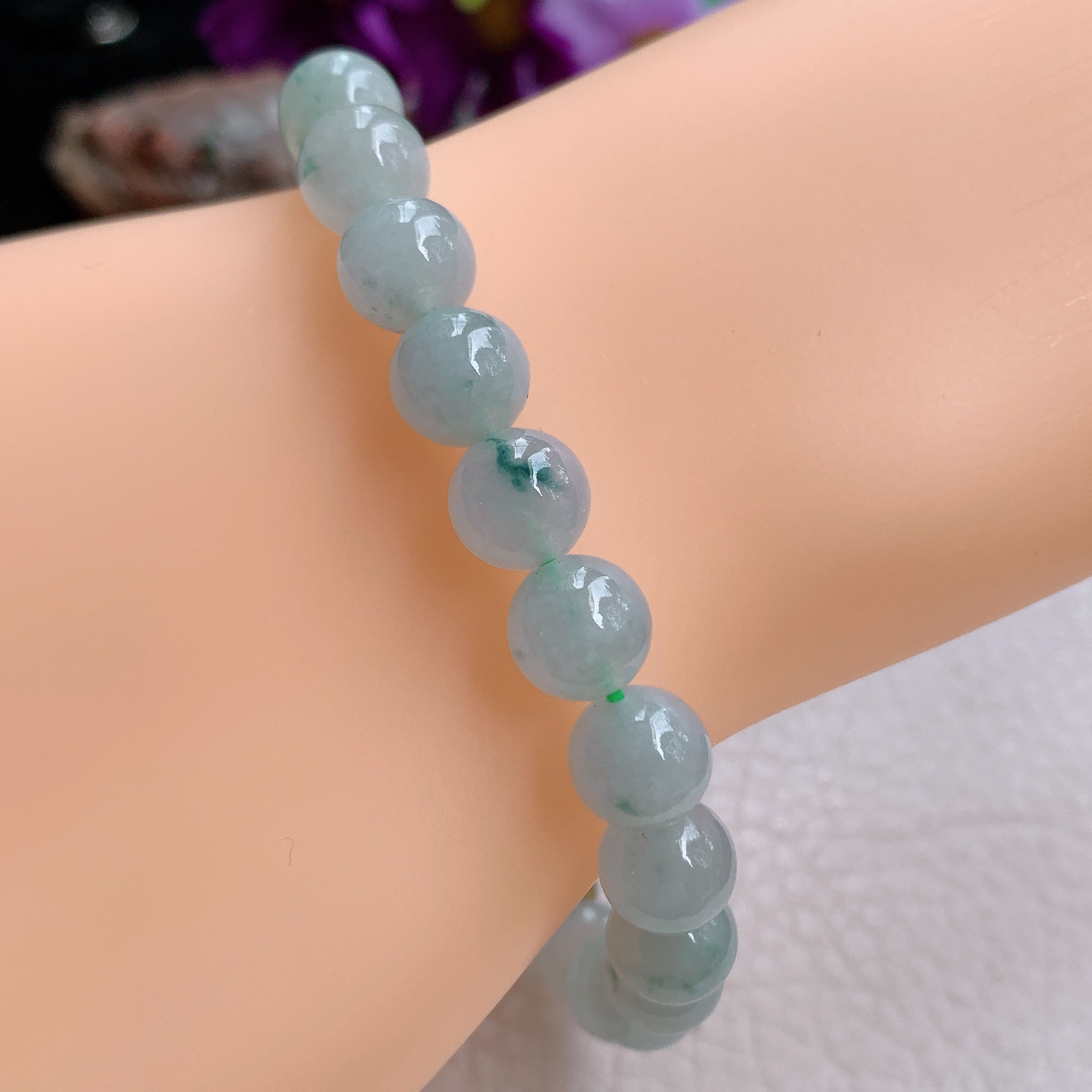 zz3实拍8.3圆珠手链 天然缅甸翡翠飘花玉珠串女款珠链手饰