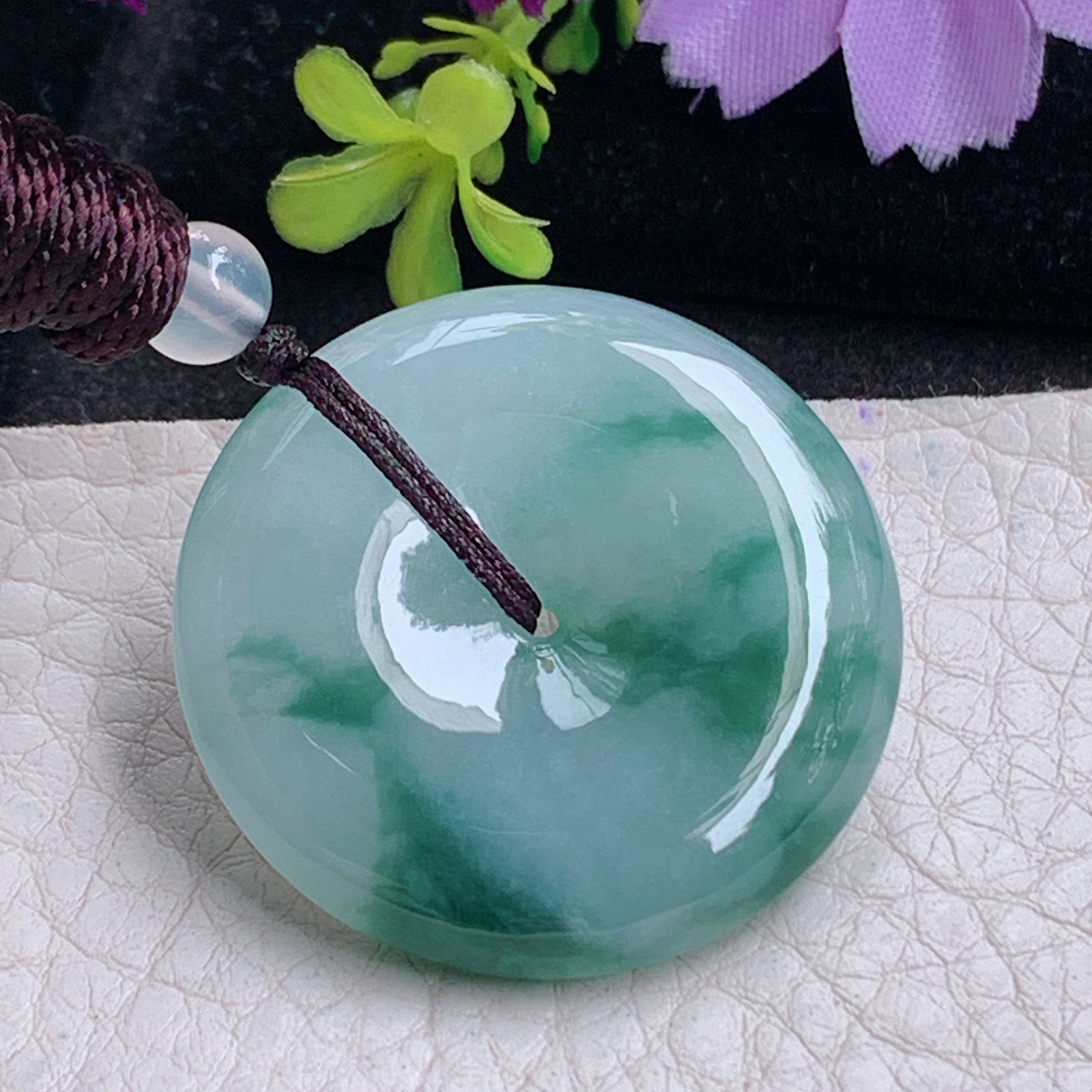 zz3实拍32.8*6.2天然缅甸翡翠飘绿花平安扣吊坠国风水墨画玉扣项坠