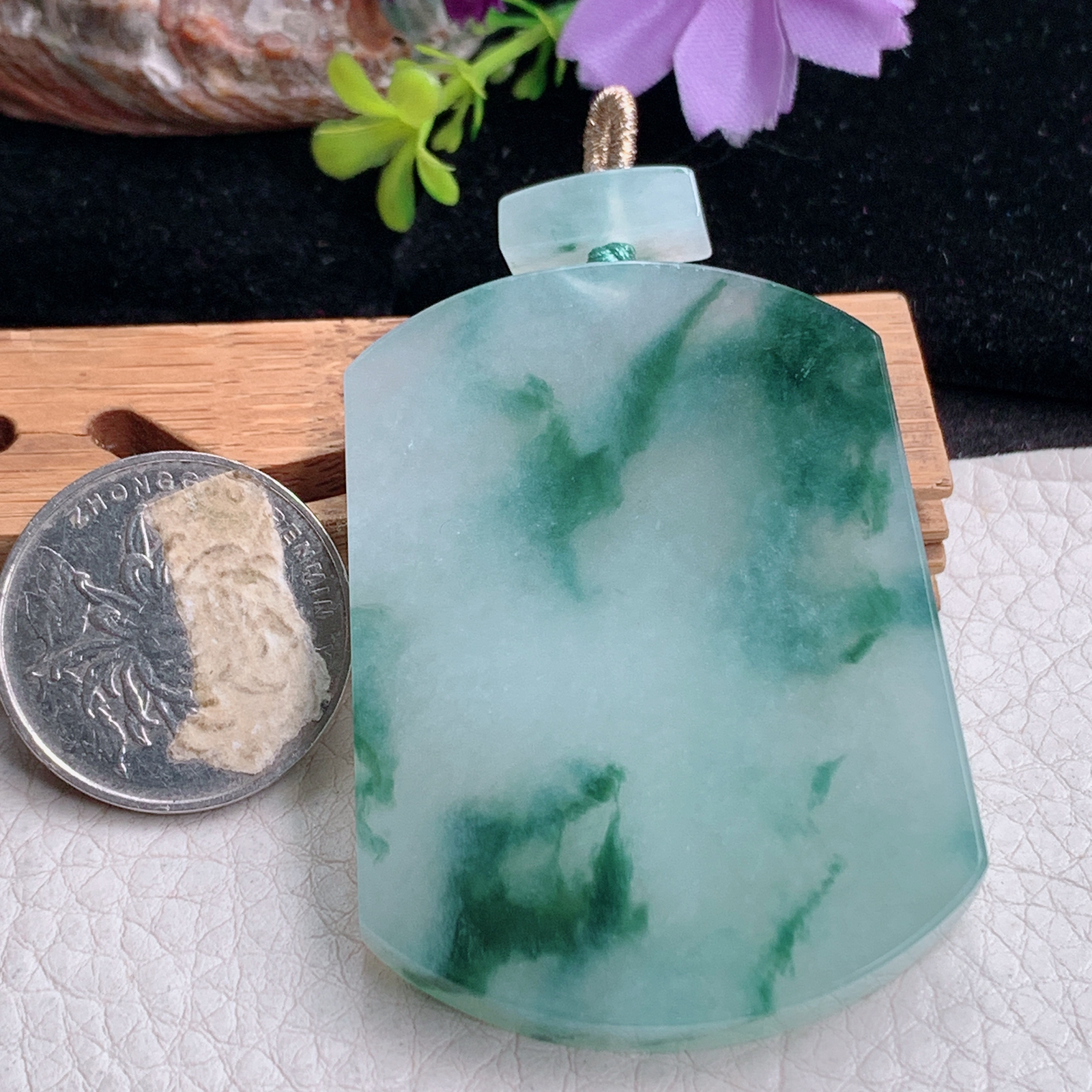 zz3实拍55.3*39.8*6天然缅甸翡翠冰飘花平安无事牌吊坠厚装国风男款项坠