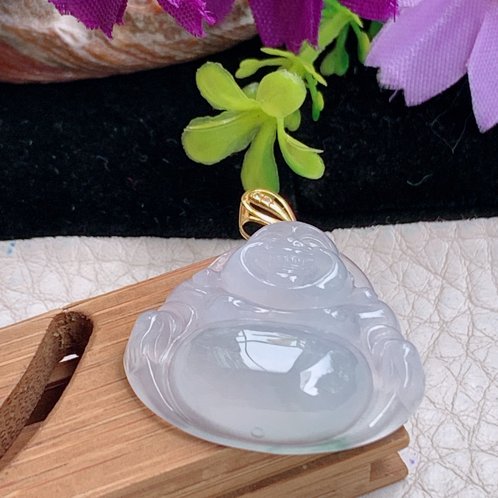 zz3实拍24*25.8*6.2天然缅甸翡翠白冰佛公吊坠金扣精雕弥勒佛