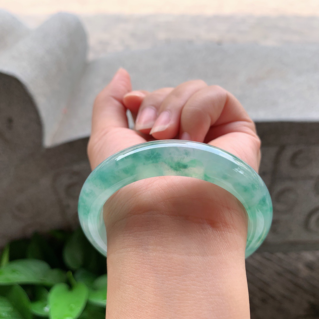 圈口 54-11.9-8.7高冰飘绿花正圈手镯】正圈54 55可戴