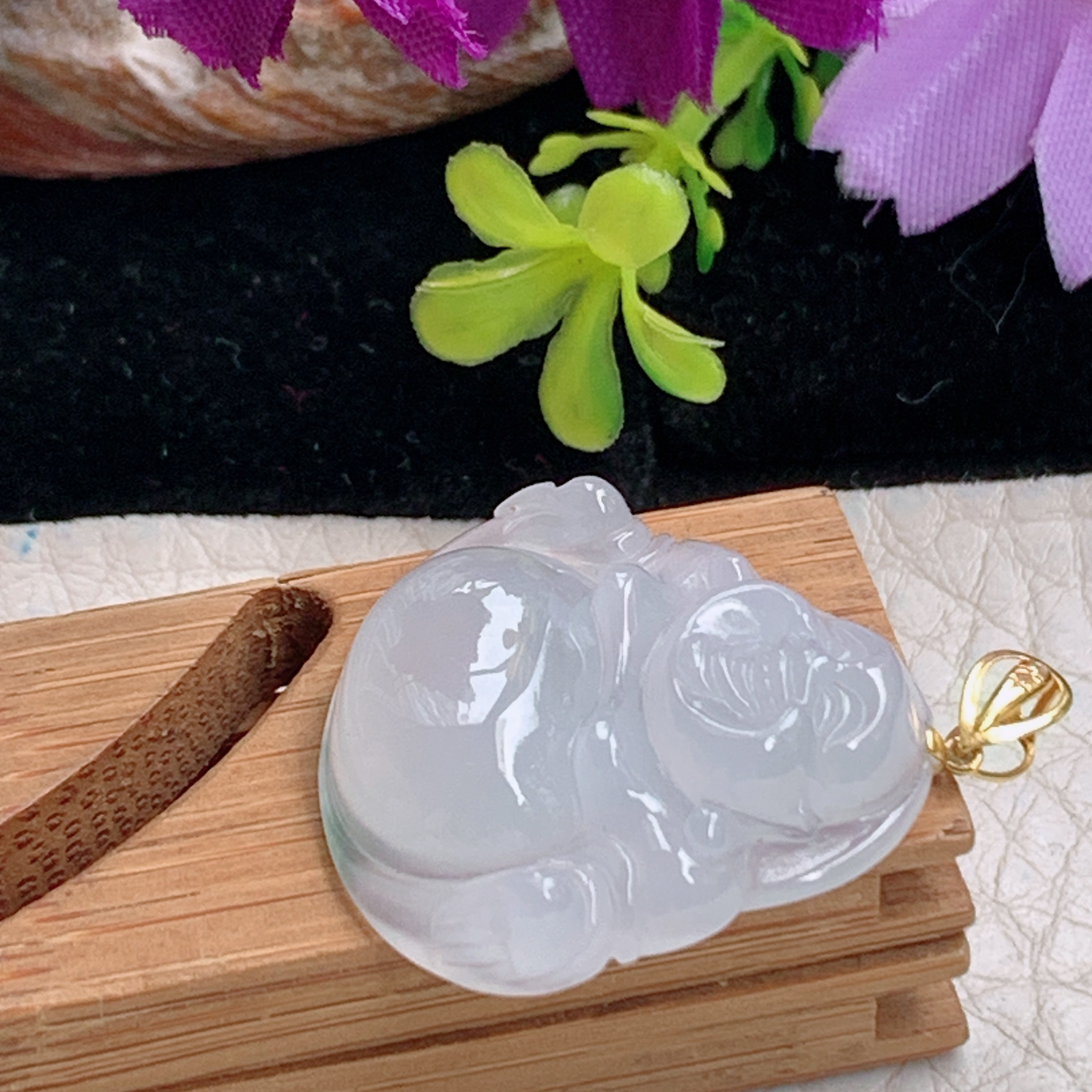 zz3实拍24*25.8*6.2天然缅甸翡翠白冰佛公吊坠金扣精雕弥勒佛