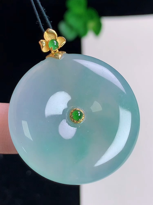 18k金镶冰种飘花平安扣，无裂，尺寸30.8/5.7，№:y1813