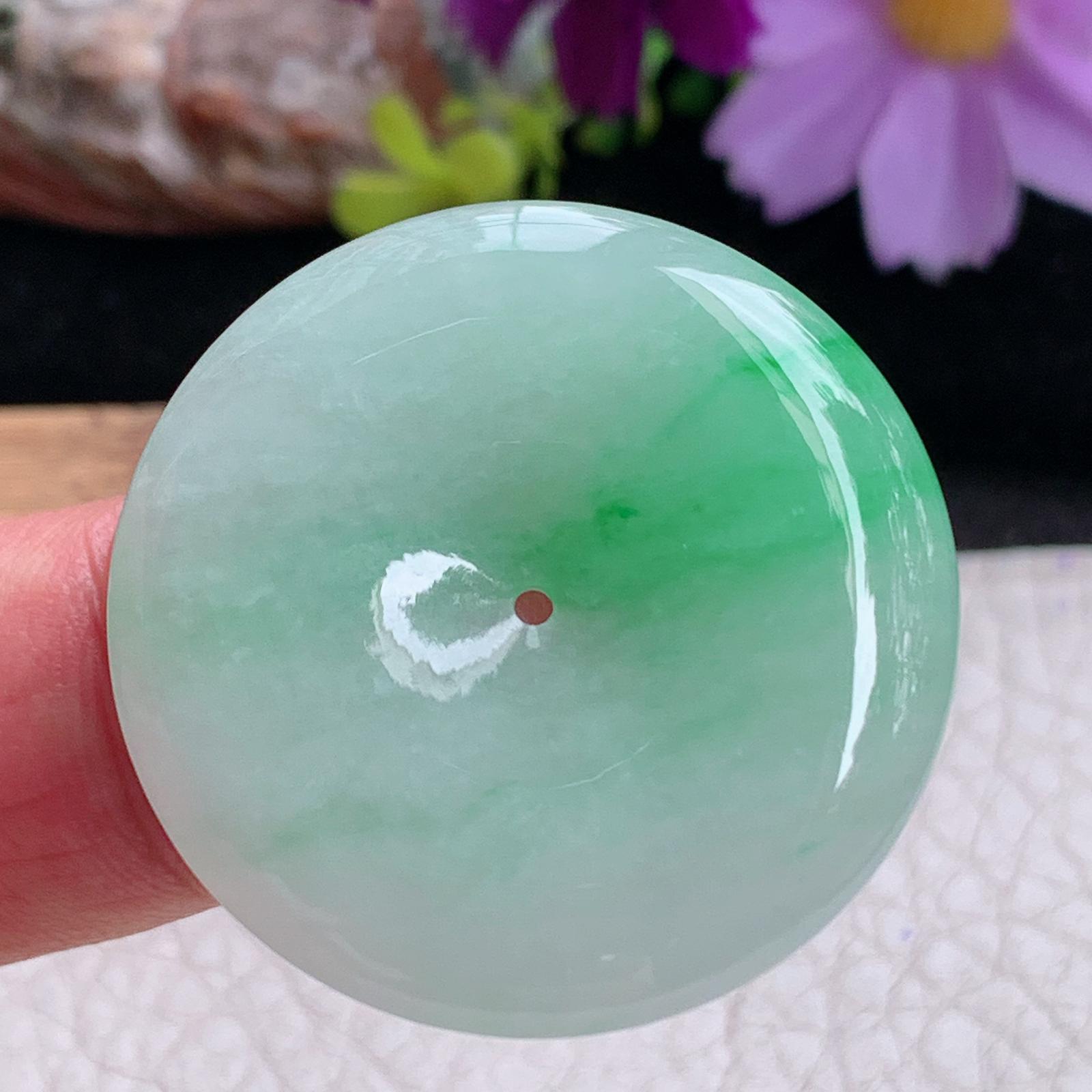 zz3实拍33.3*5.5天然缅甸翡翠飘绿花平安扣吊坠 复古时尚玉扣