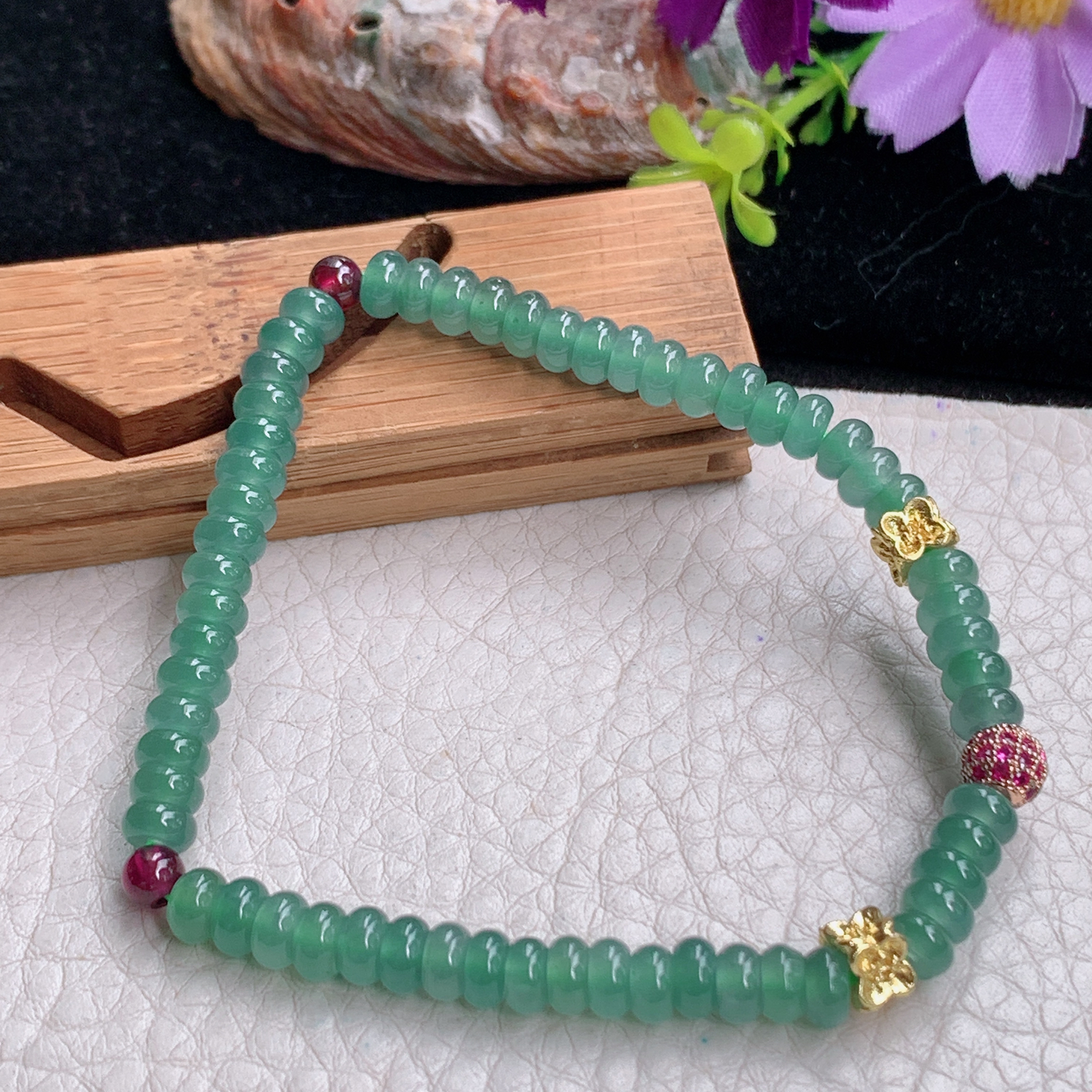 zz3实拍5.5算盘珠小手串天然翡翠满绿水绿小手链女款时尚单圈手饰