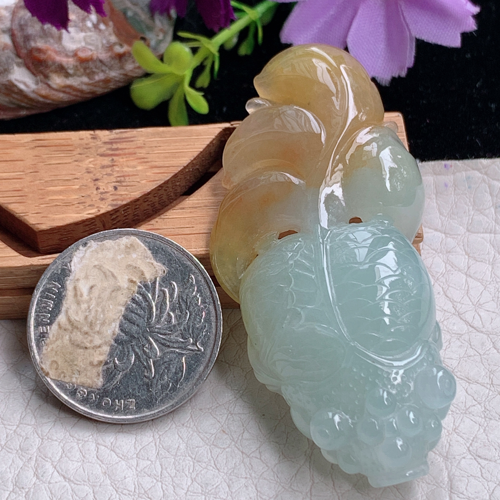 zz3实拍61*29.5*13.8天然缅甸翡翠冰透黄翡双彩金鱼吊坠年年有鱼