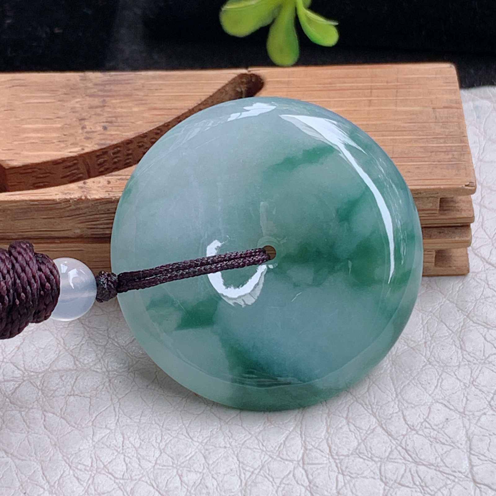 zz3实拍32.8*6.2天然缅甸翡翠飘绿花平安扣吊坠国风水墨画玉扣项坠