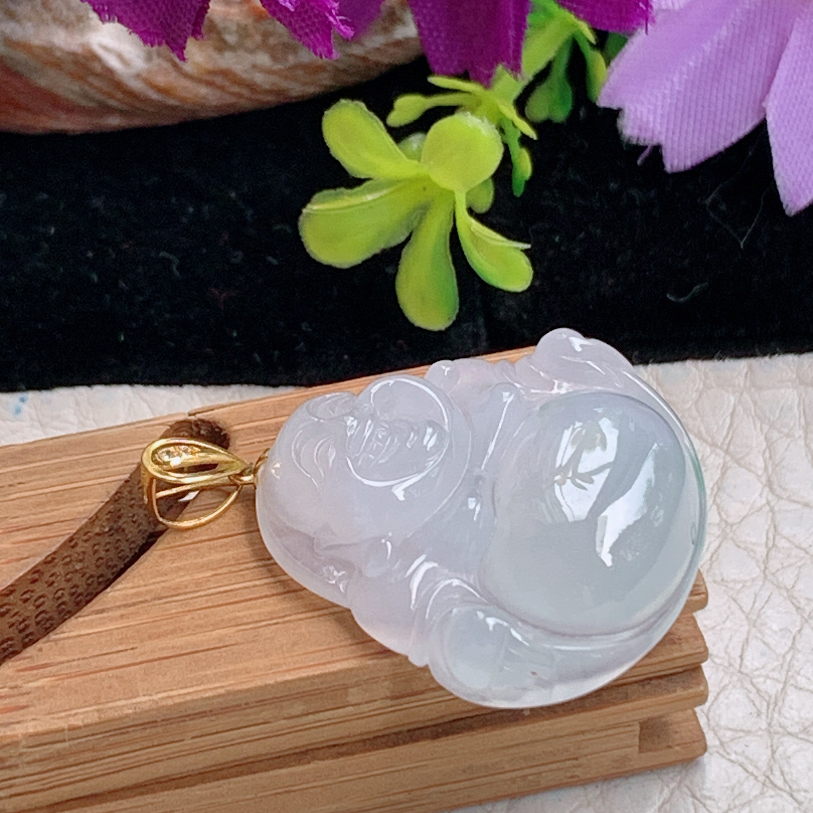 zz3实拍24*25.8*6.2天然缅甸翡翠白冰佛公吊坠金扣精雕弥勒佛