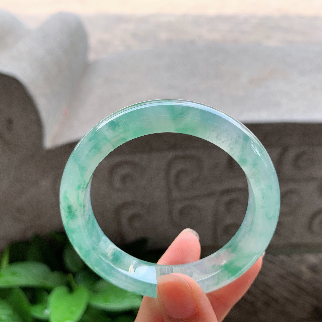 圈口 54-11.9-8.7高冰飘绿花正圈手镯】正圈54 55可戴