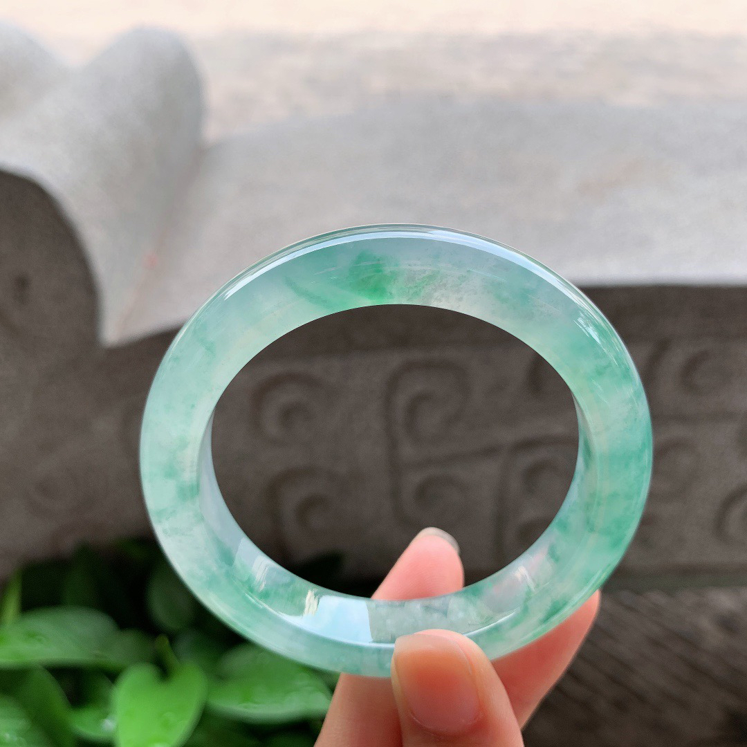 圈口 54-11.9-8.7高冰飘绿花正圈手镯】正圈54 55可戴