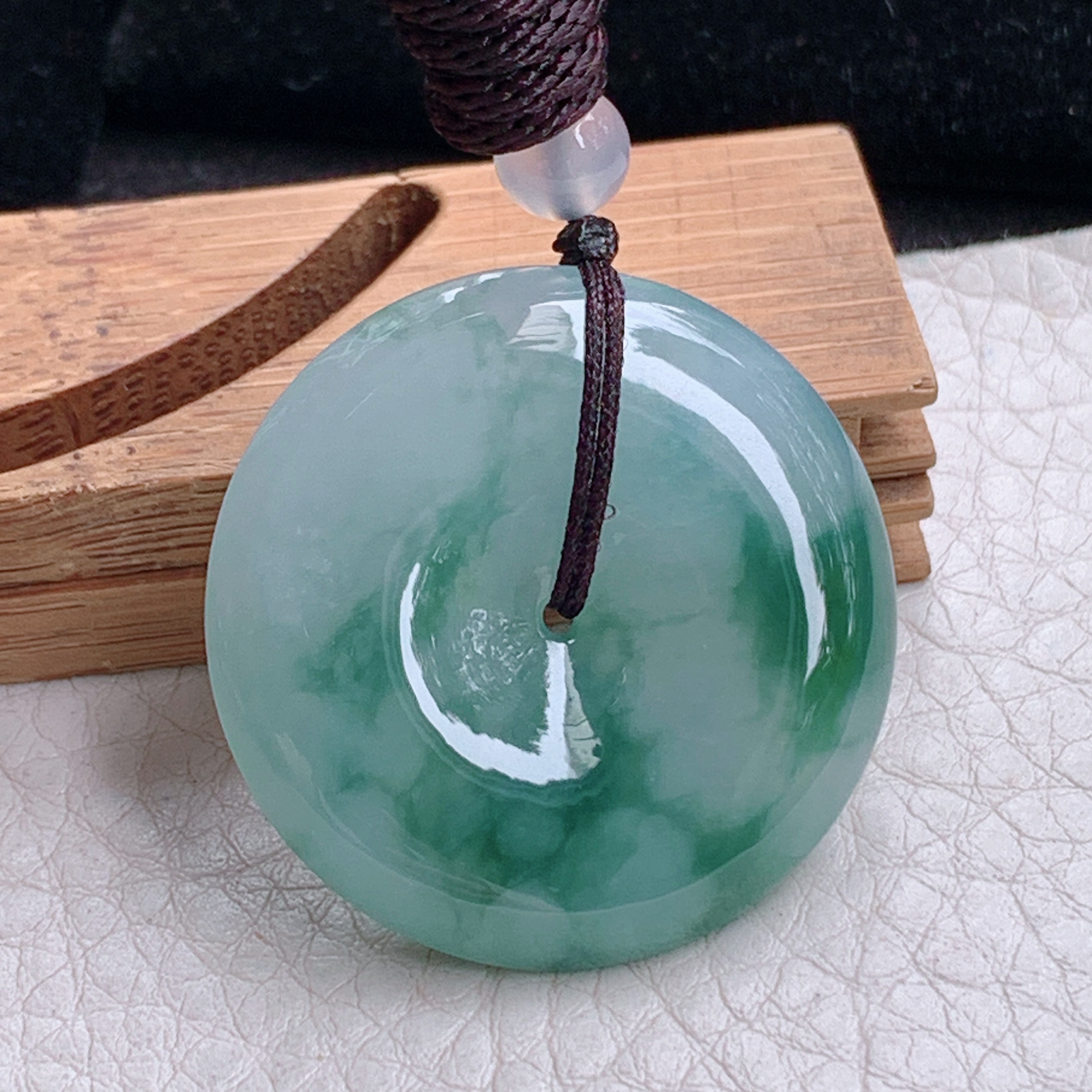 zz3实拍32.8*6.2天然缅甸翡翠飘绿花平安扣吊坠国风水墨画玉扣项坠