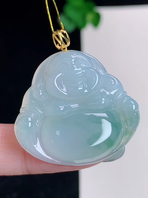 18k金镶冰种飘花笑佛，无裂，尺寸27.4/30.3/5.8，№:y18048