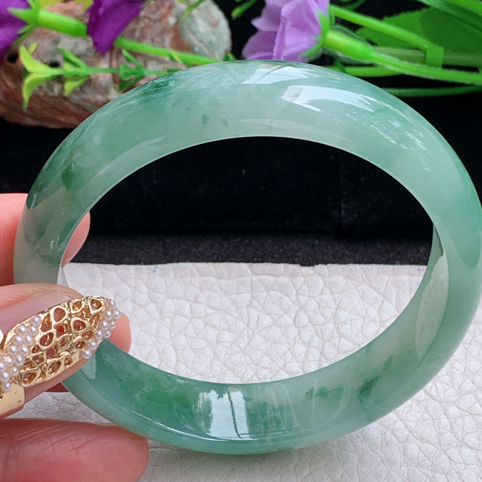 js实拍58*14.3*7平安镯 天然缅甸翡翠a货手镯冰飘花正圈玉镯子