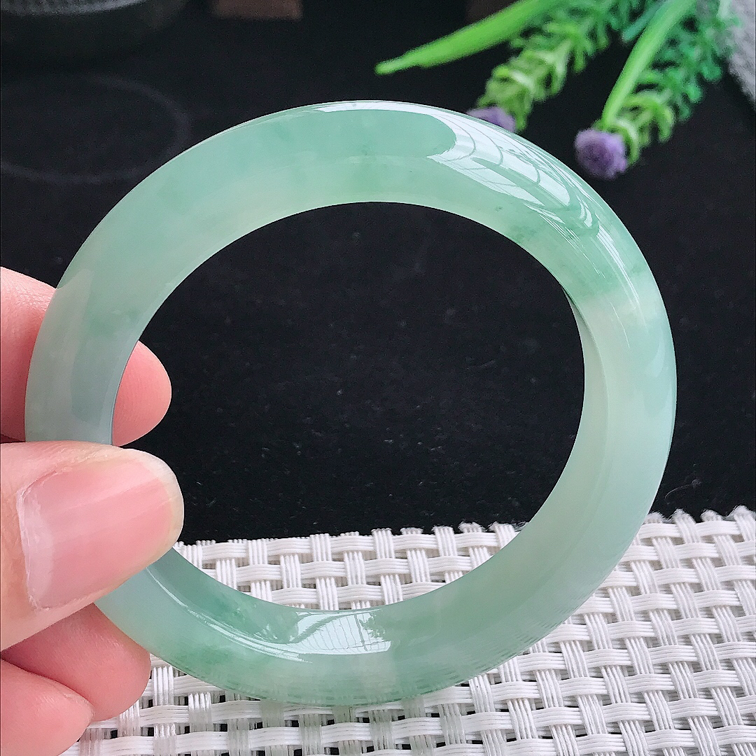 实拍A货翡翠53/11.3/9.1老坑冰胶果冻冰晴飘花手镯平安镯